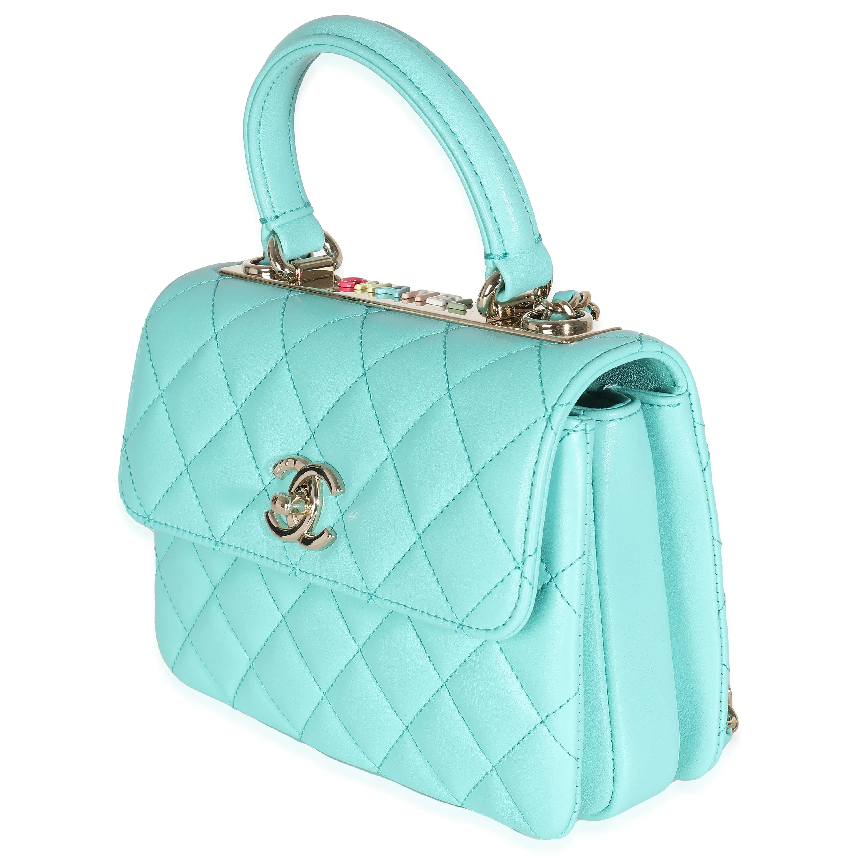 24C Turquoise Quilted Lambskin Mini Trendy Top Handle