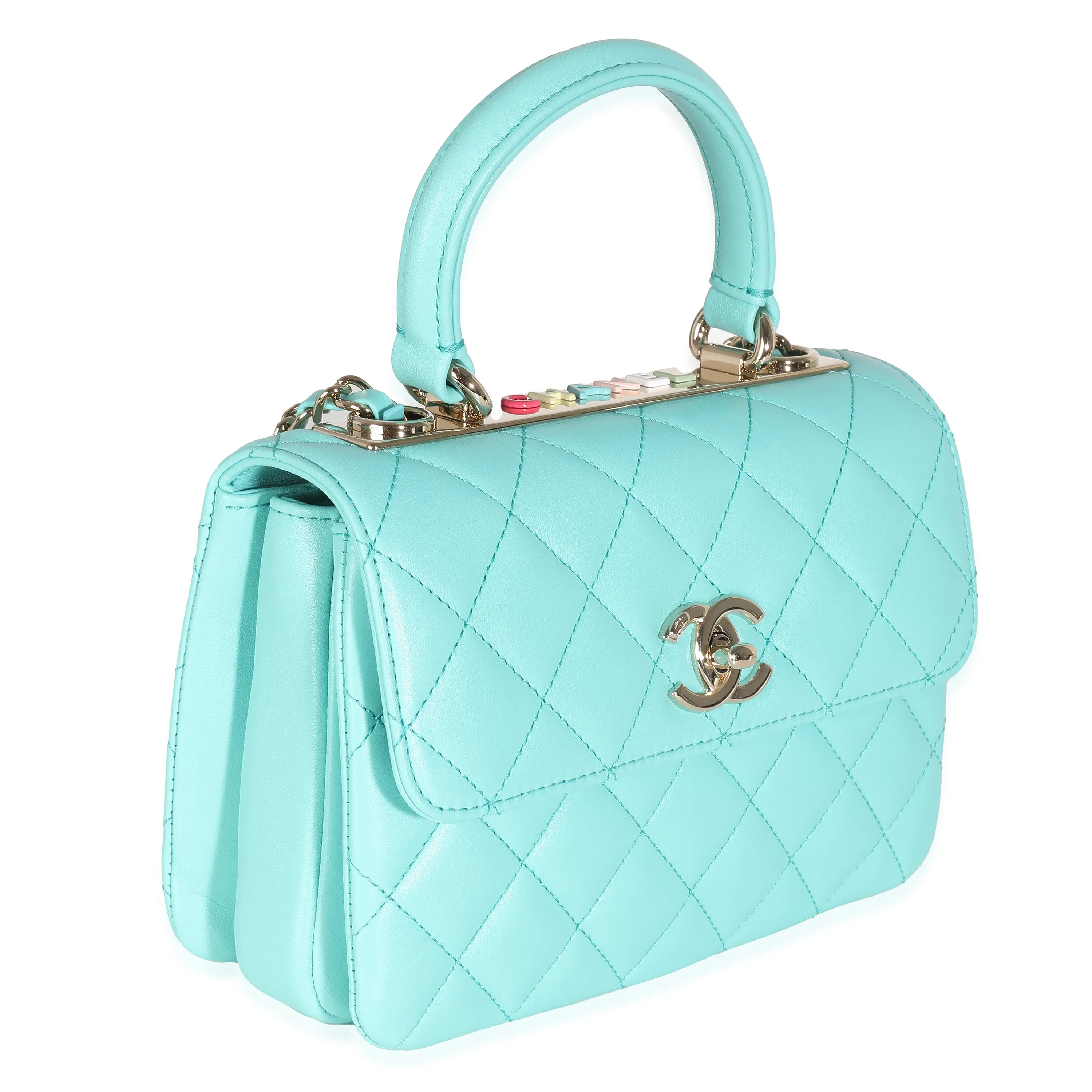 24C Turquoise Quilted Lambskin Mini Trendy Top Handle