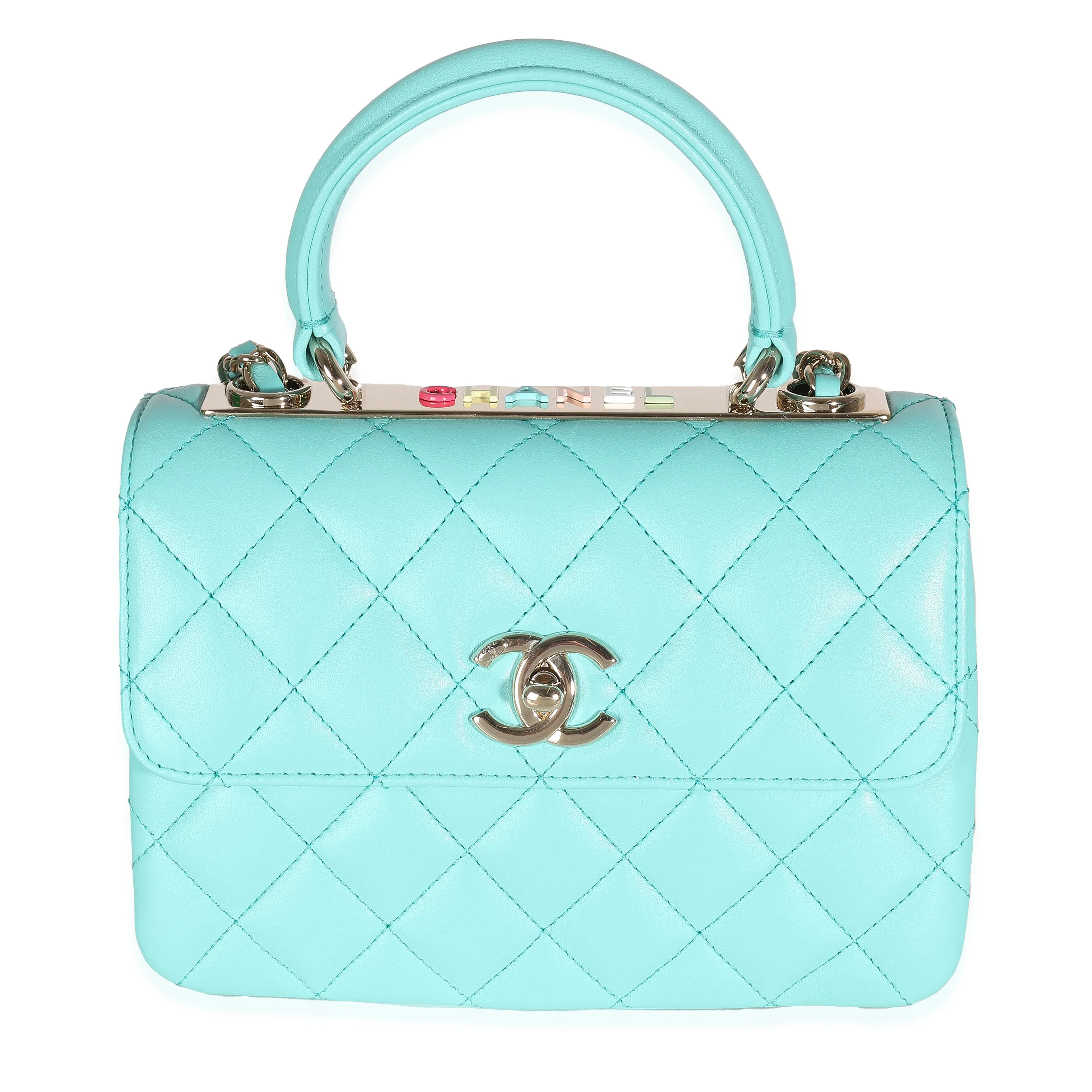 24C Turquoise Quilted Lambskin Mini Trendy Top Handle