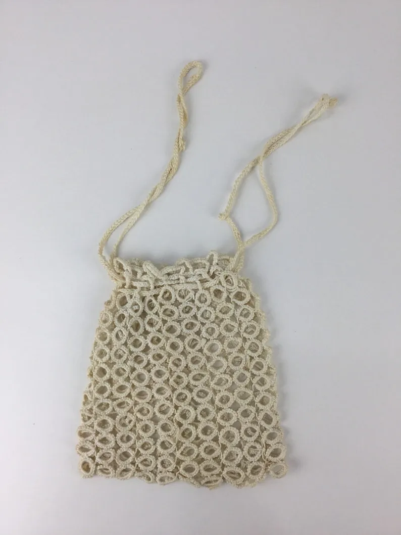 Antique Edwardian 1900s White Cotton Crochet Evening Bag/ Drawstring Pouch Purse