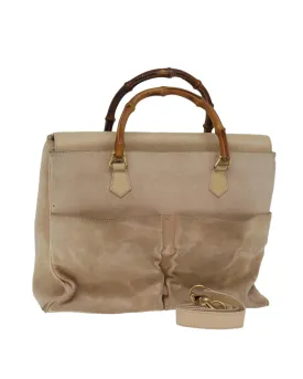 Bamboo Handle Suede Tote Bag with Shoulder Strap