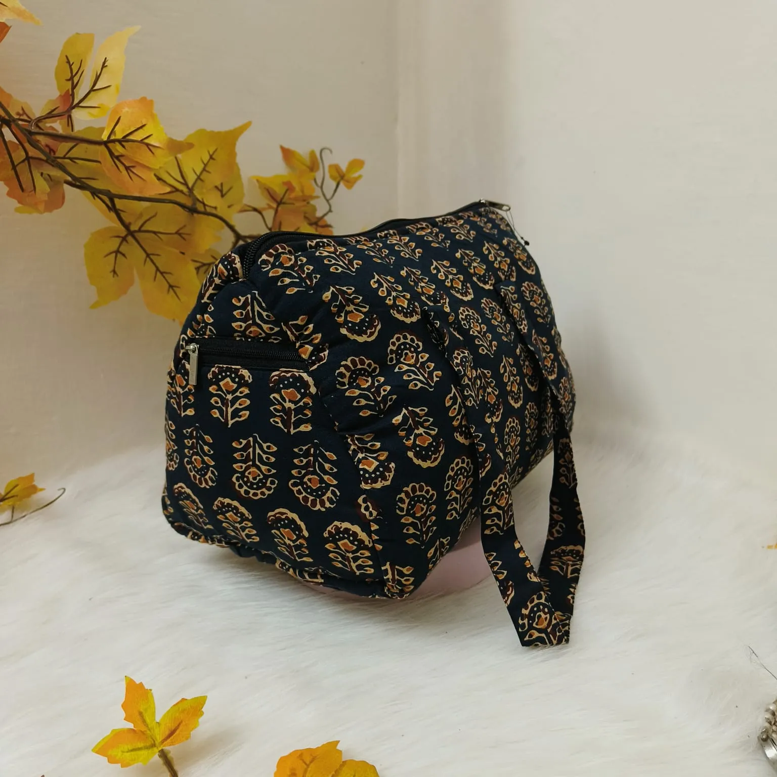 Barrel Handbags Black with Sandal Floral Prints