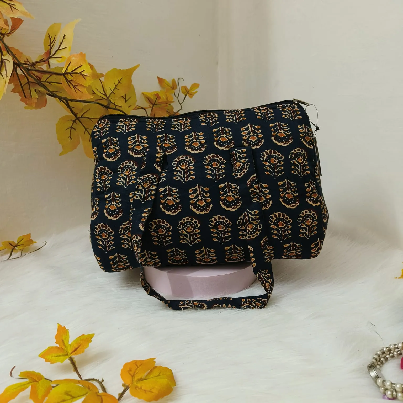 Barrel Handbags Black with Sandal Floral Prints