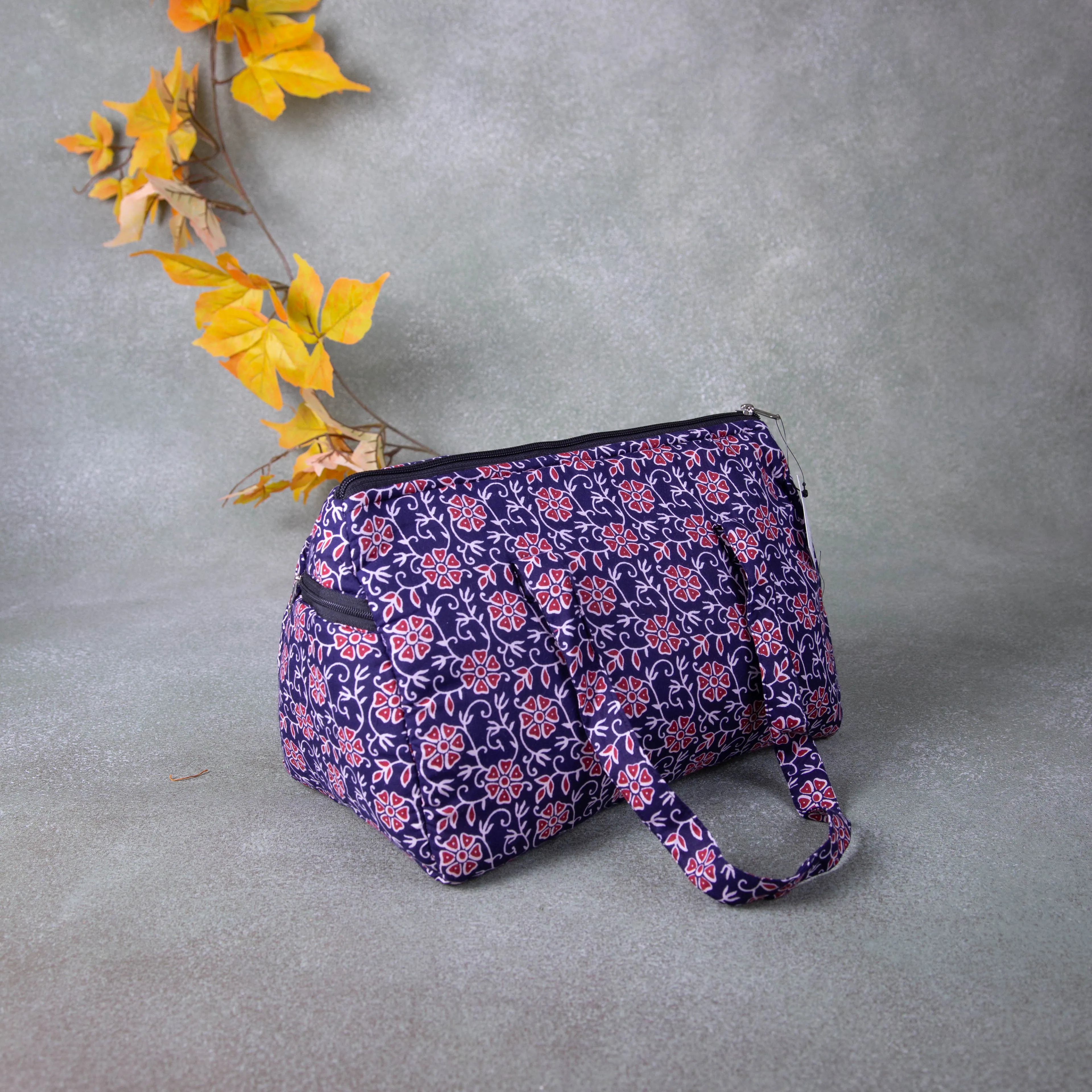 Barrel Handbags Blue Colour with Red Flower Design.