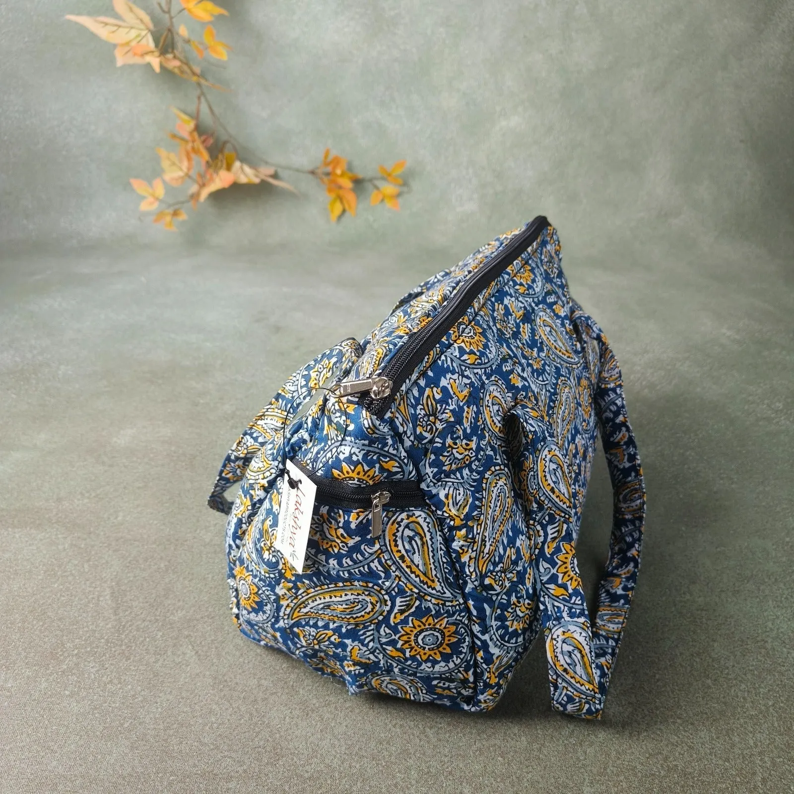 Barrel Handbags Blue with Botanical Prints Design.