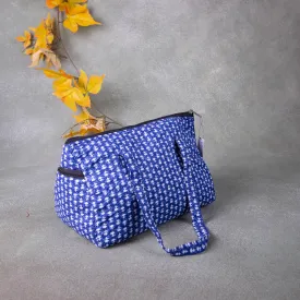 Barrel Handbags Blue with White Small Flower Design.