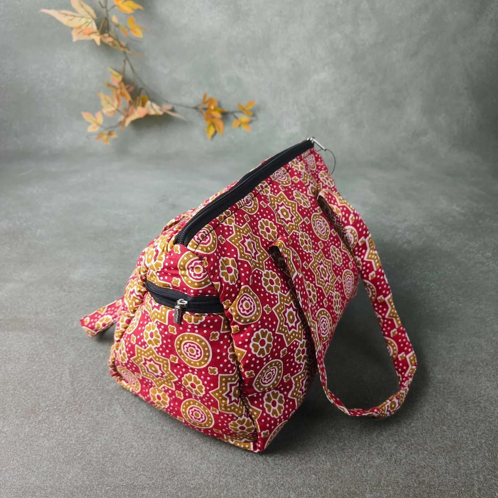 Barrel Handbags Red with Sandal Floral Prints Design