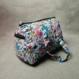 Barrel Handbags Sage Blue Colour With Pink Flower Print