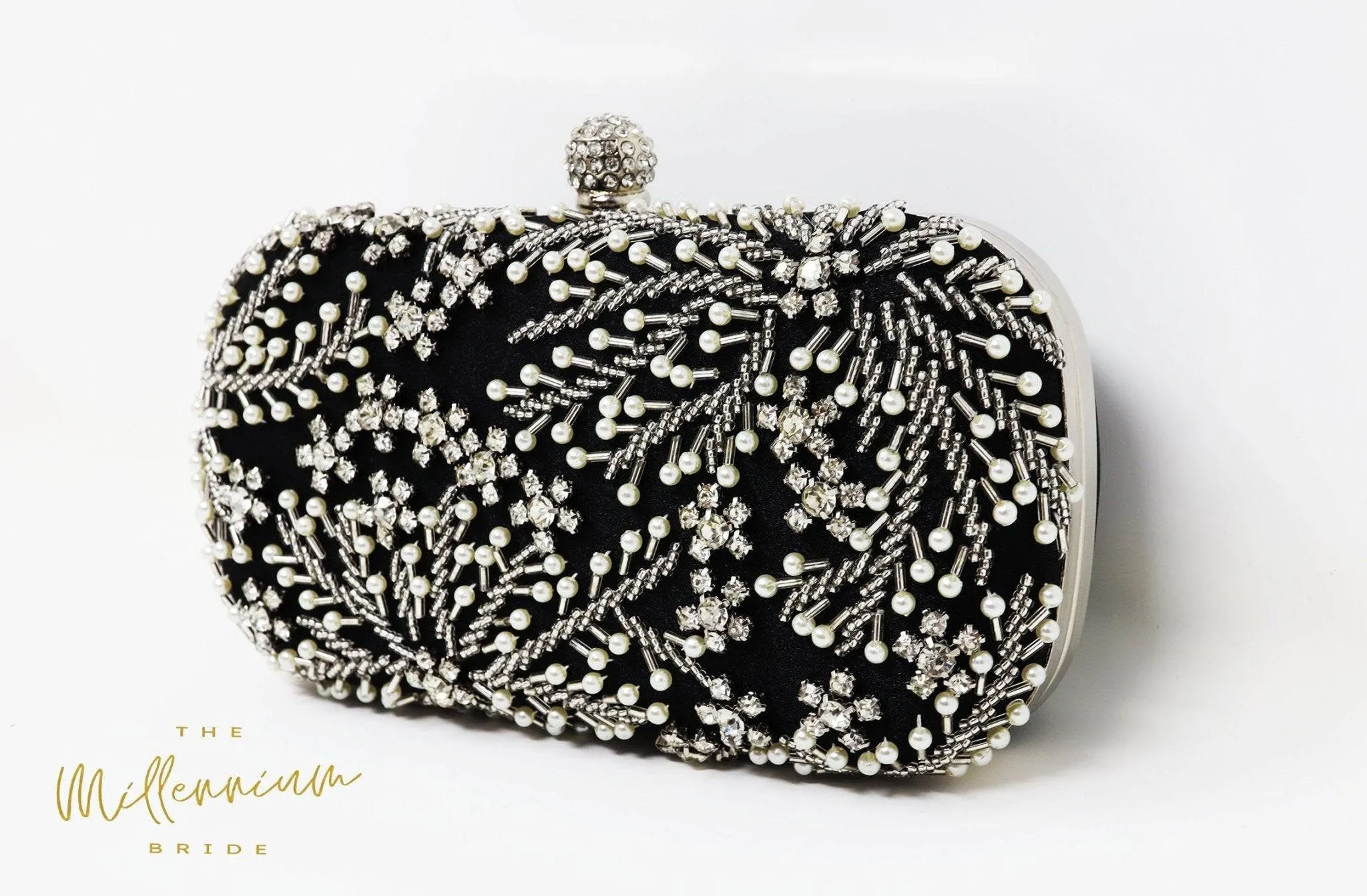 Black Crystal Leaves and Pearl Beads Embroidered Wedding Clutch, Evening Clutch, Wedding Clutch, Bridal Bag, Beige Cross Body Bag