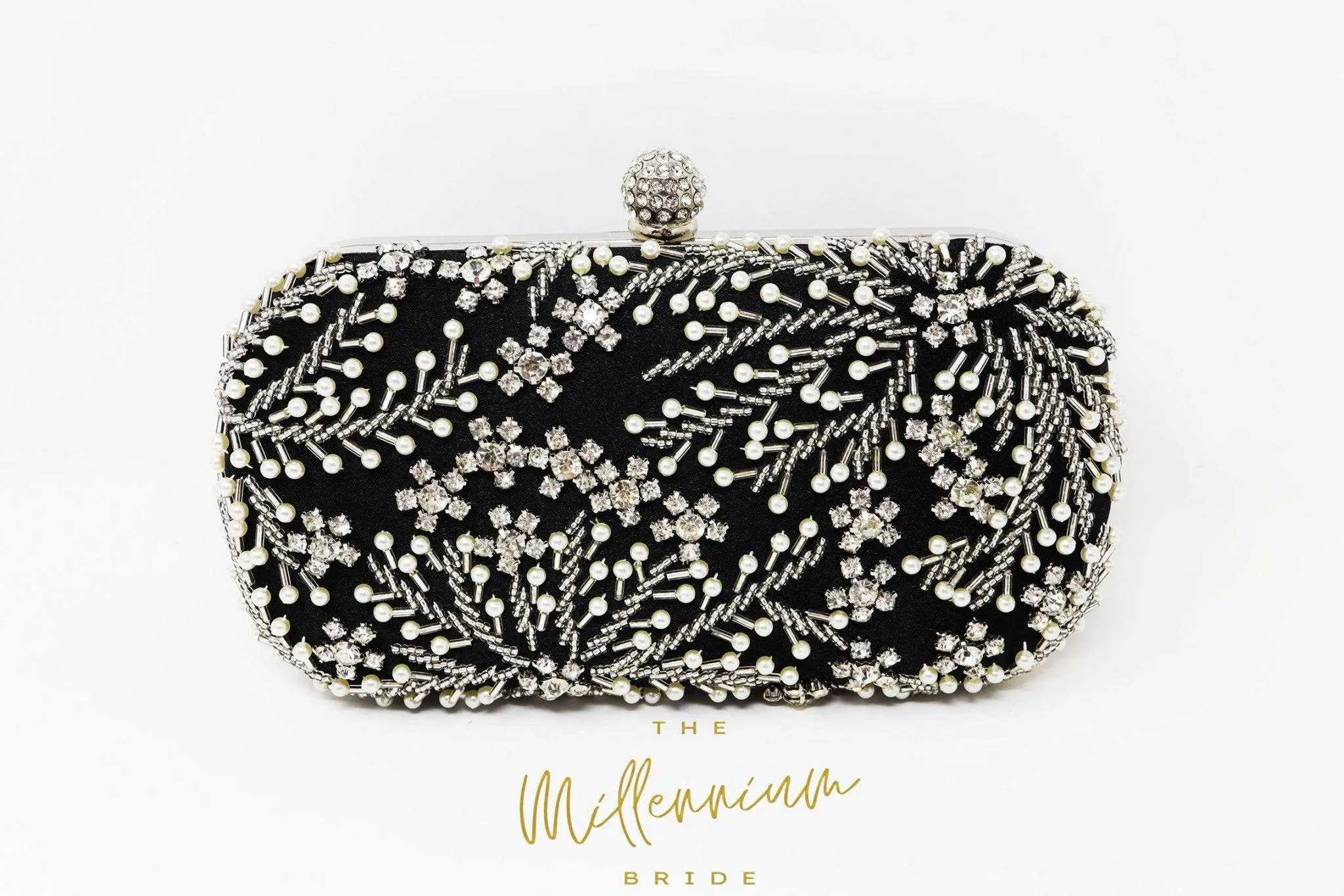 Black Crystal Leaves and Pearl Beads Embroidered Wedding Clutch, Evening Clutch, Wedding Clutch, Bridal Bag, Beige Cross Body Bag