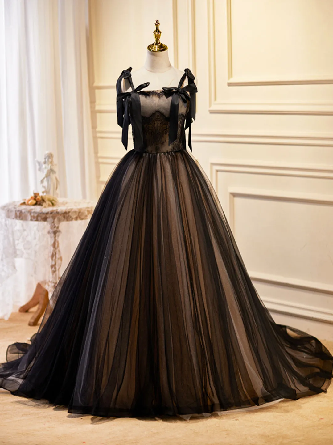 Black Tulle Lace Long Prom Dress Black Evening Party Dress