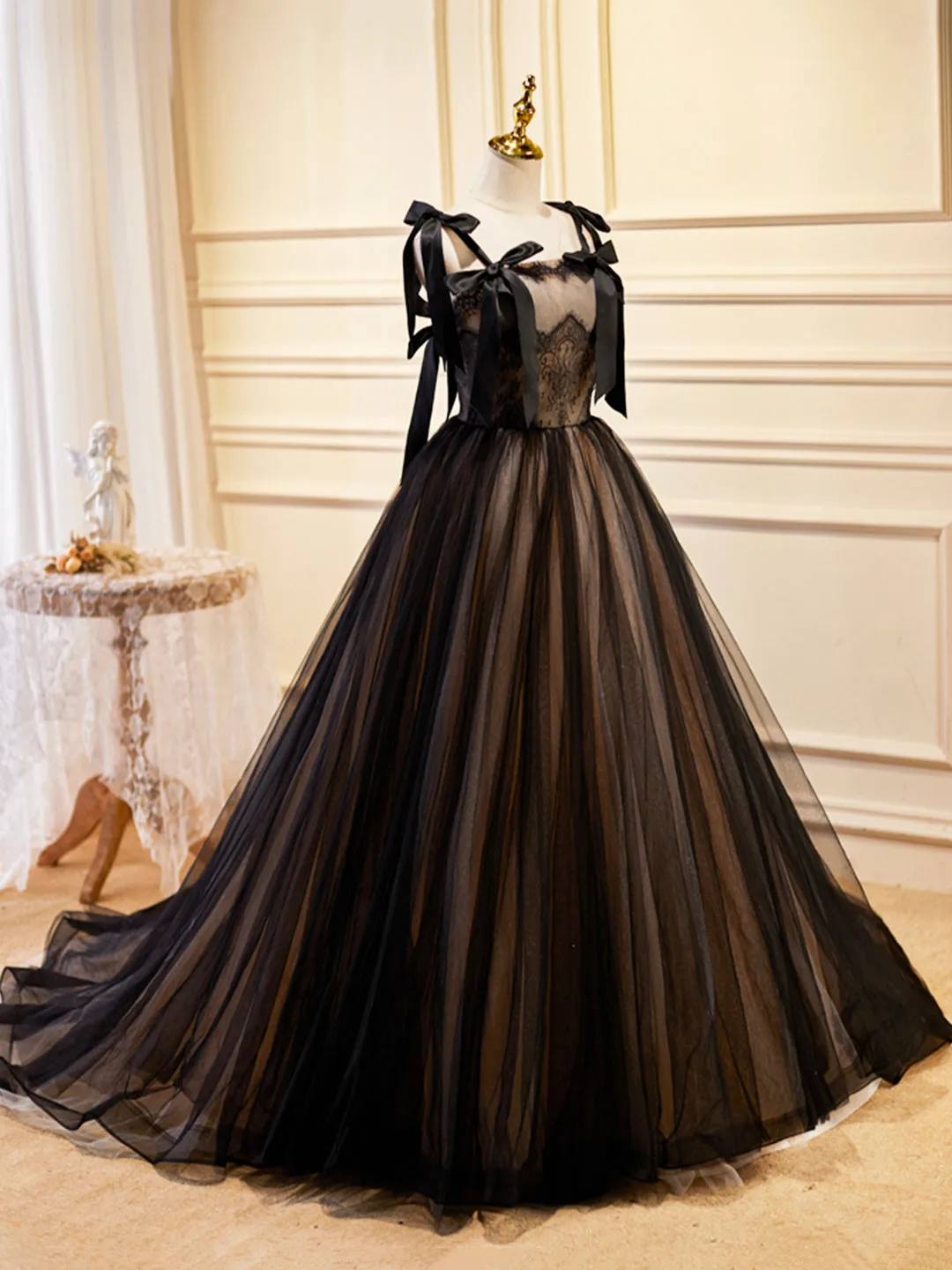 Black Tulle Lace Long Prom Dress Black Evening Party Dress