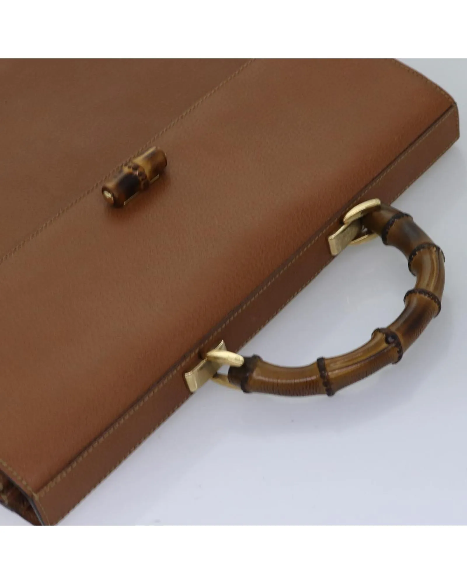 Brown Leather Bamboo Hand Bag with Handle Drop