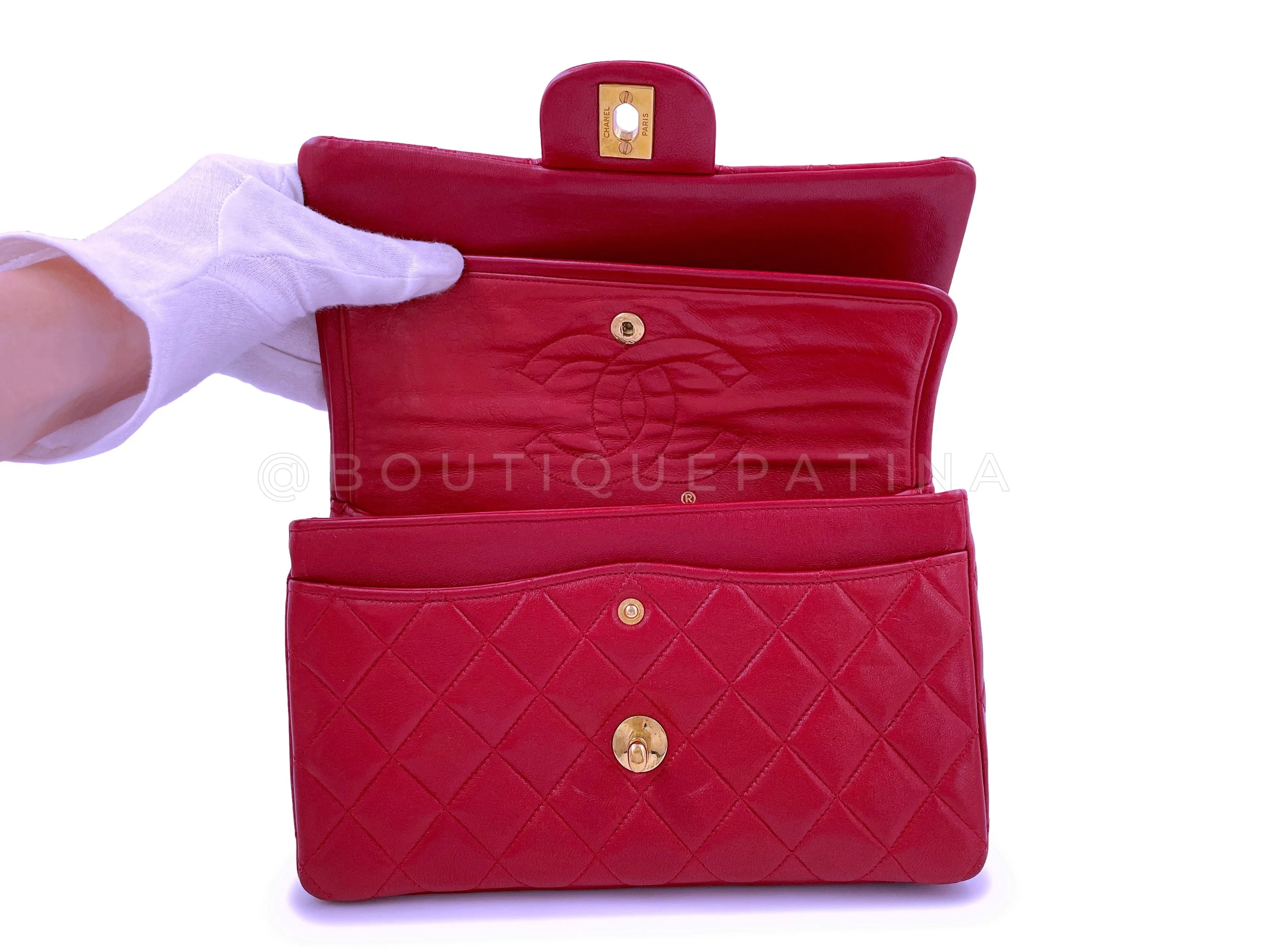 Chanel 1987 Vintage Red Small Classic Double Flap Bag 24k GHW