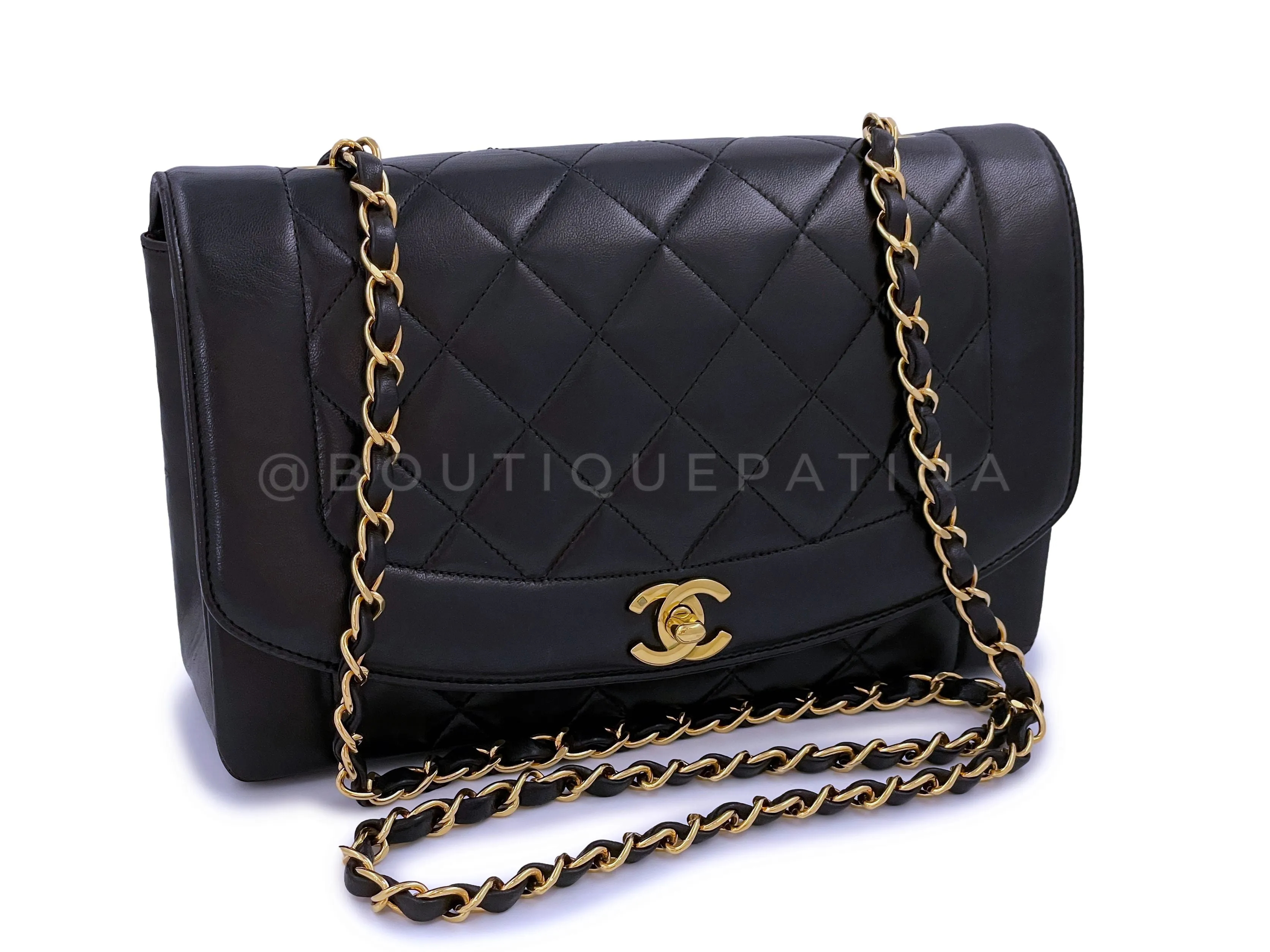 Chanel 1991 Vintage Black Classic Medium Diana Flap Bag 24k GHW Lambskin