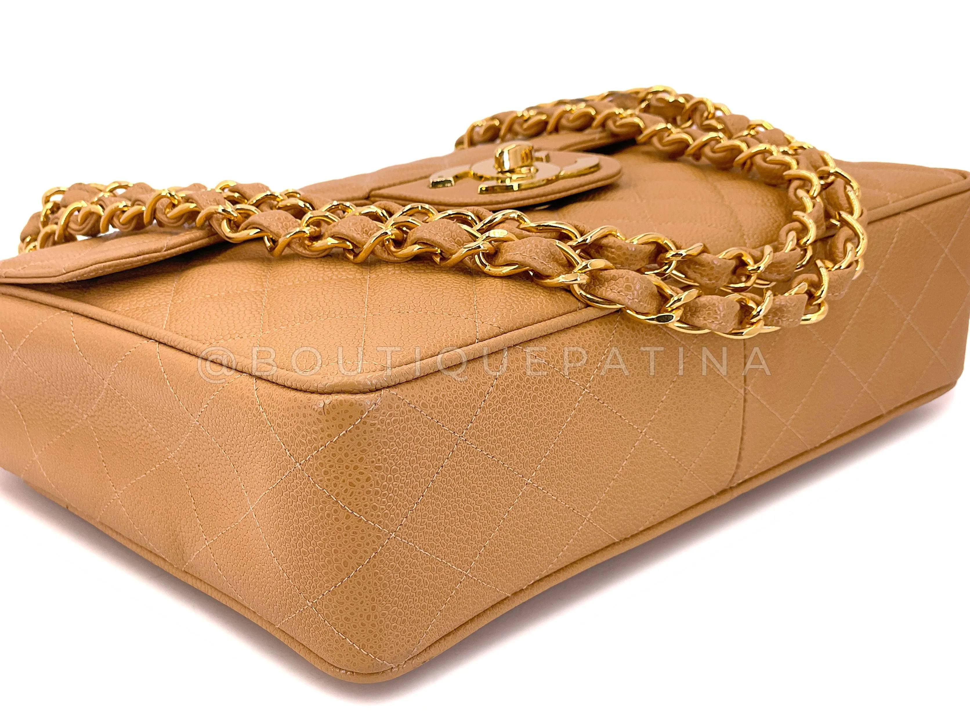 Chanel 1994 Vintage Caramel Beige Caviar Jumbo Classic Flap Bag 24k GHW I7H