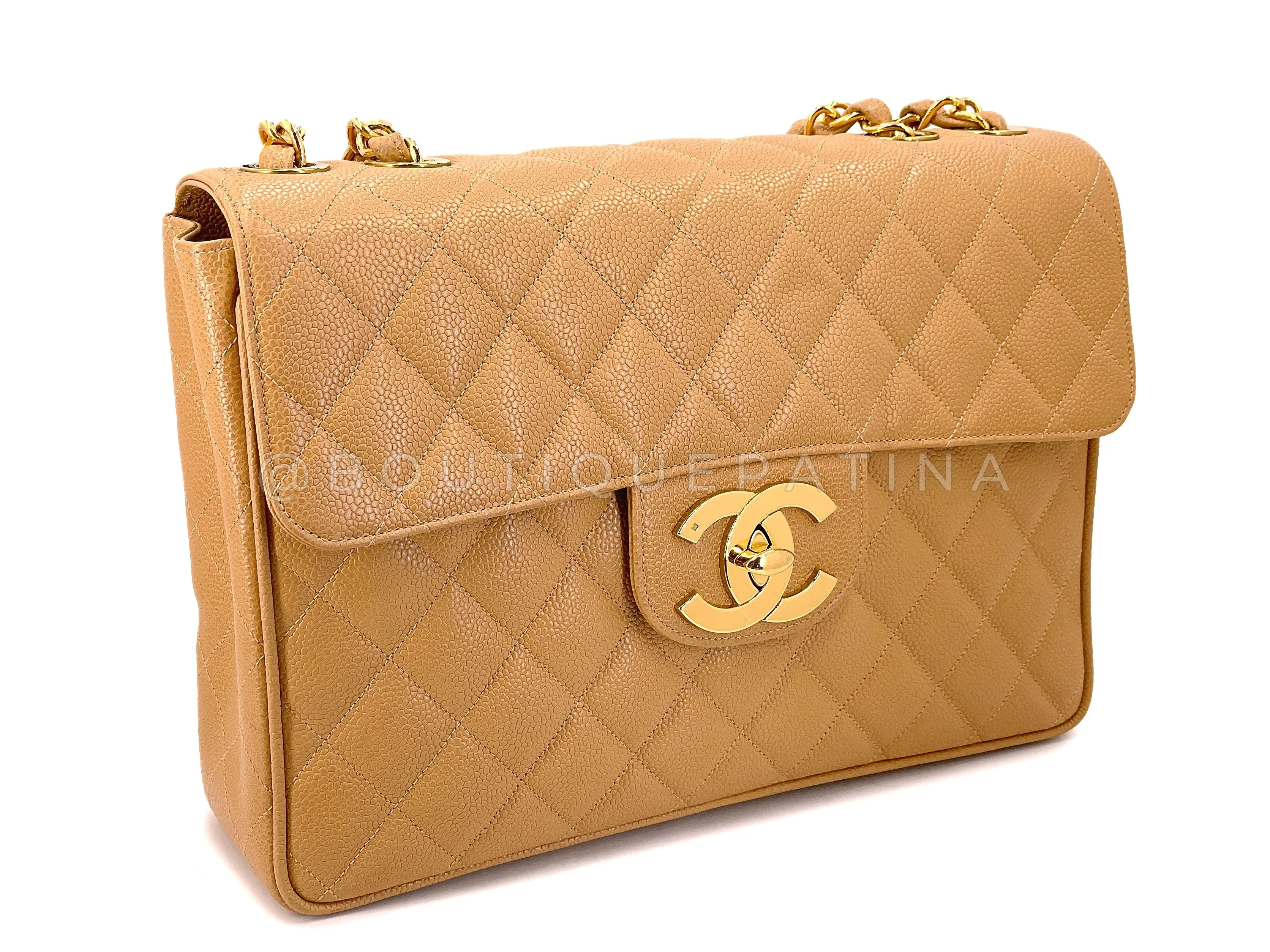 Chanel 1994 Vintage Caramel Beige Caviar Jumbo Classic Flap Bag 24k GHW I7H