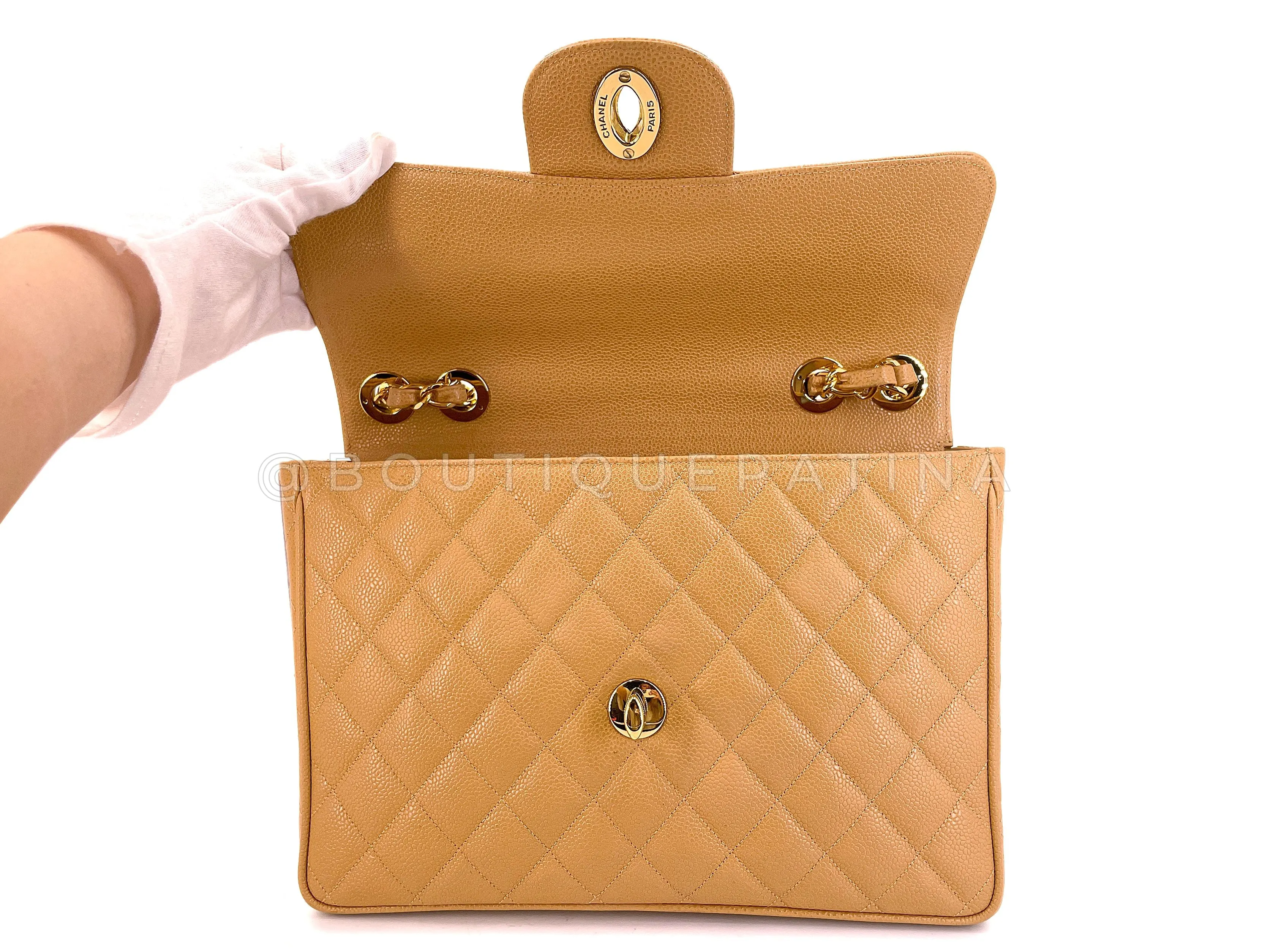 Chanel 1994 Vintage Caramel Beige Caviar Jumbo Classic Flap Bag 24k GHW I7H