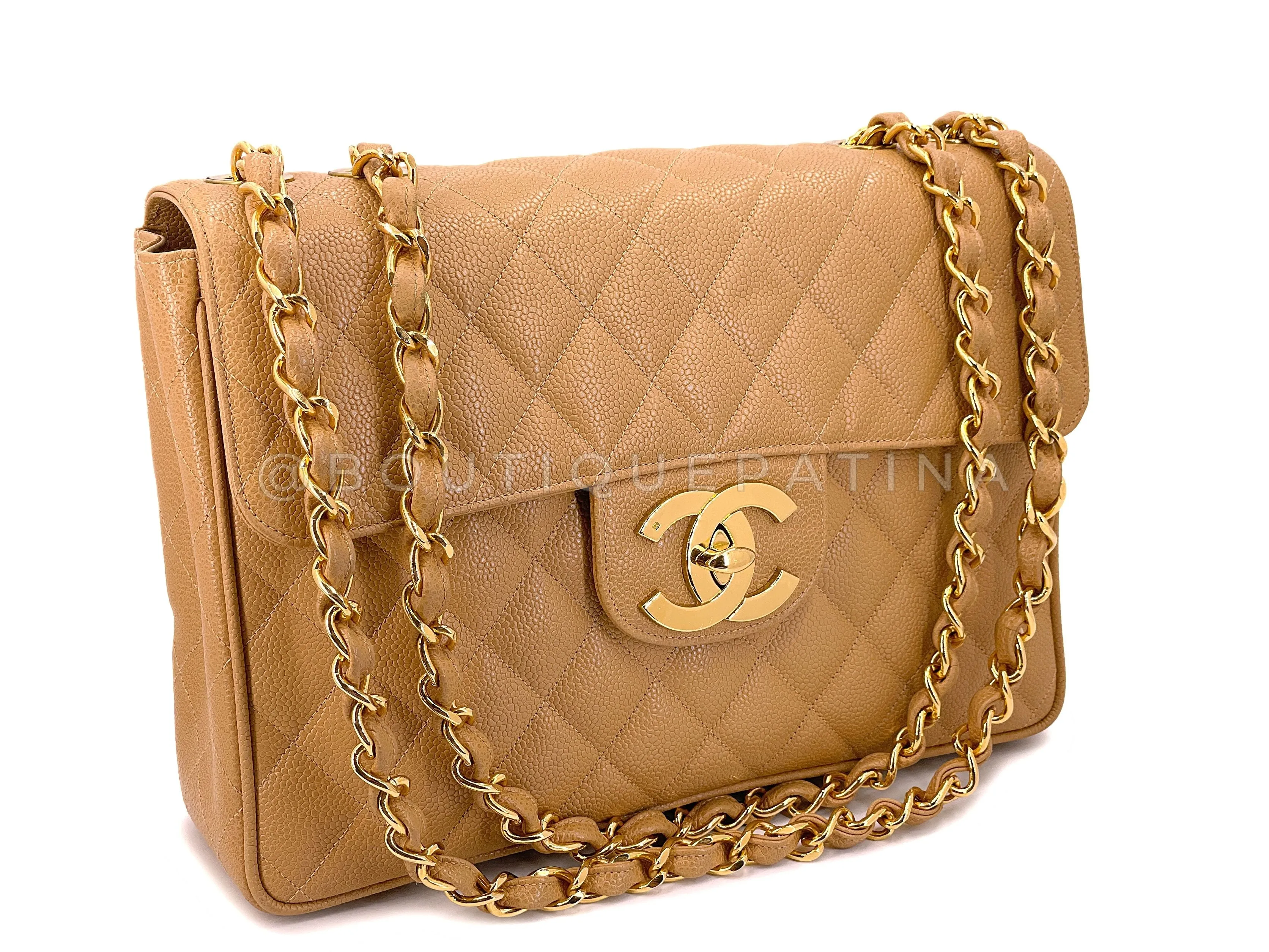 Chanel 1994 Vintage Caramel Beige Caviar Jumbo Classic Flap Bag 24k GHW I7H