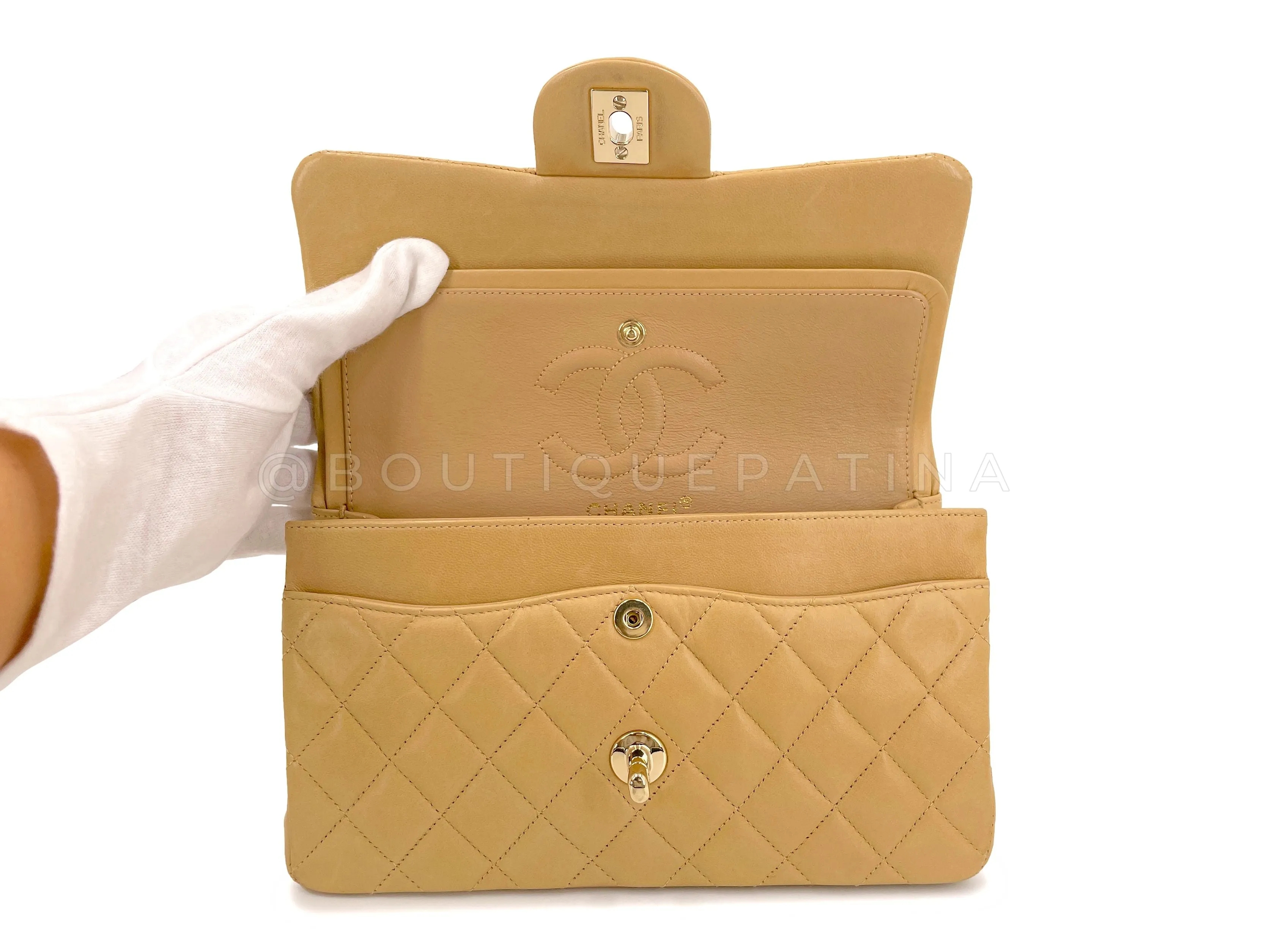 Chanel 2002 Vintage Milk Tea Beige Small Classic Double Flap Bag 24k GHW Lambskin