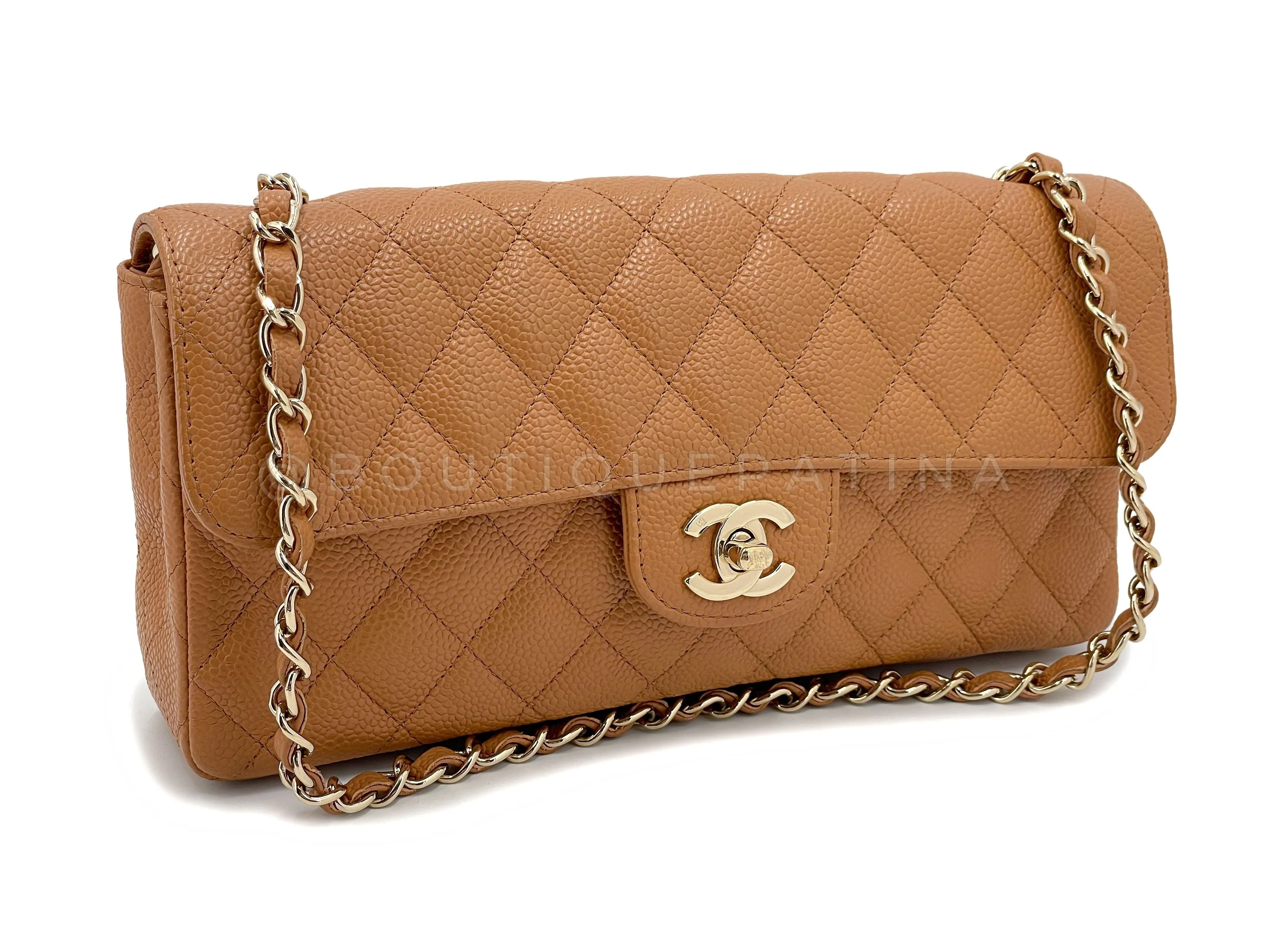 Chanel 2007 Vintage Caviar Caramel Beige Quilted East West Flap Bag 24k GHW