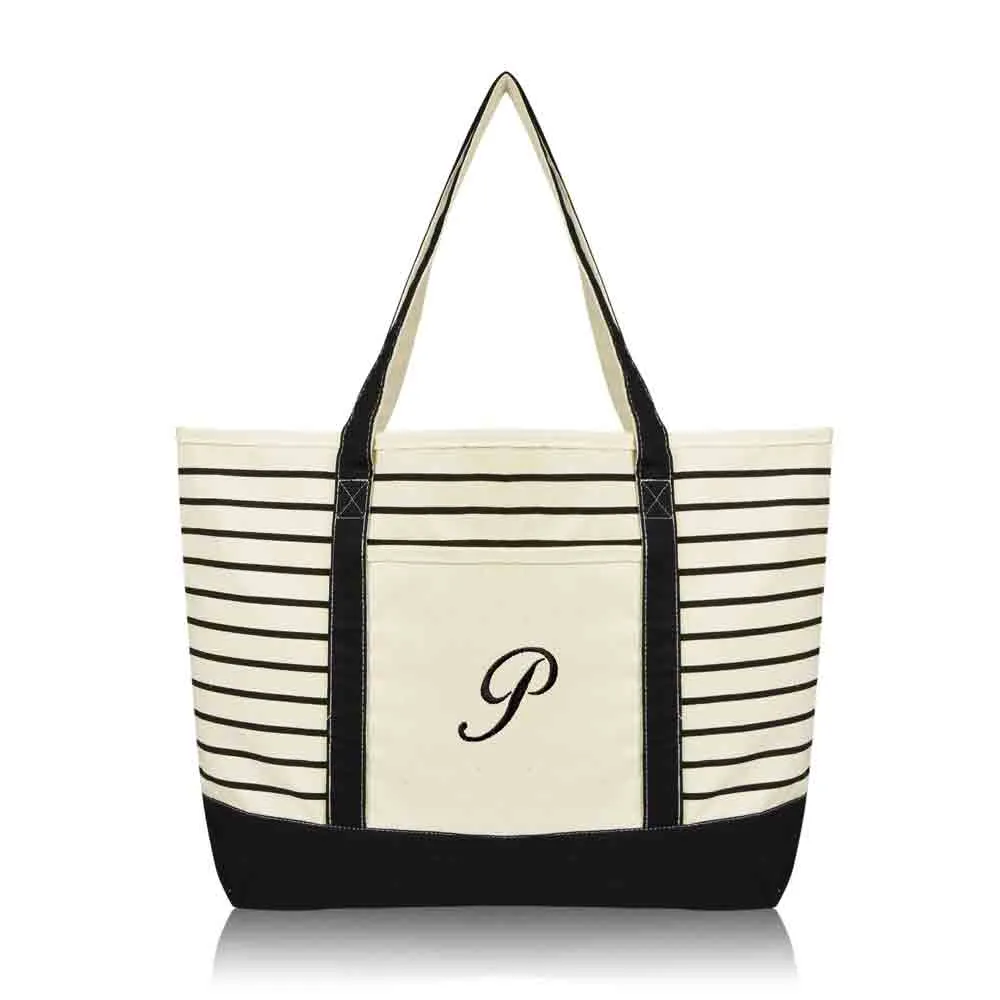 Dalix Striped P-Initial Tote Bag Womens Ballent Letter P