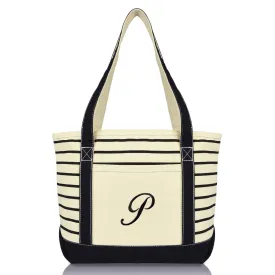 Dalix Striped P-Initial Tote Bag Womens Ballent Letter P