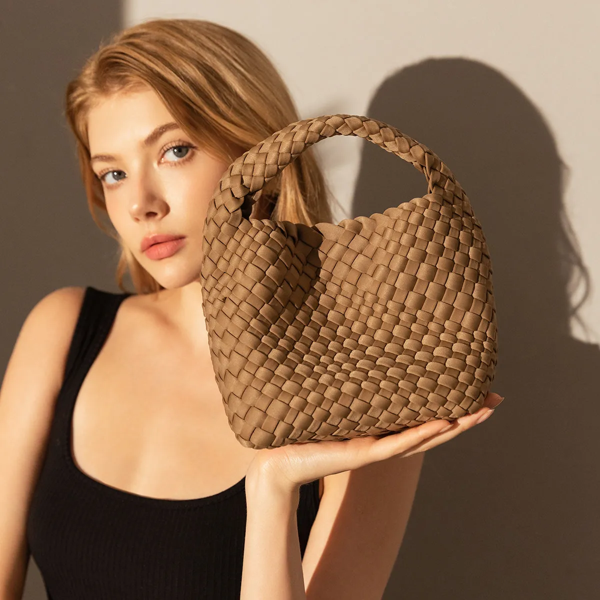 Earthy Medium Woven Top Handle Bag