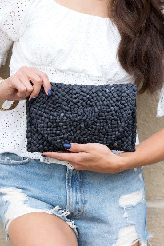 Fold Over Straw Clutch Bag