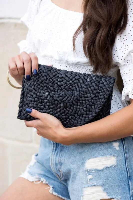 Fold Over Straw Clutch Bag