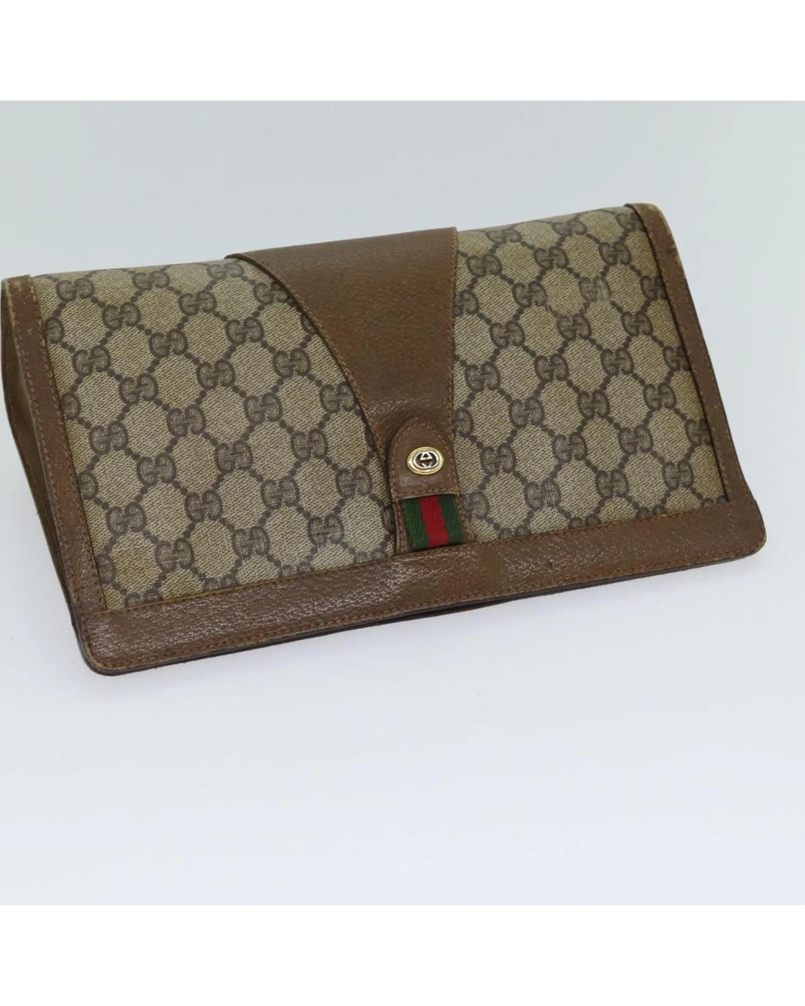 GG Supreme Web Sherry Line Clutch Bag - Beige/Green PVC & GG Canvas