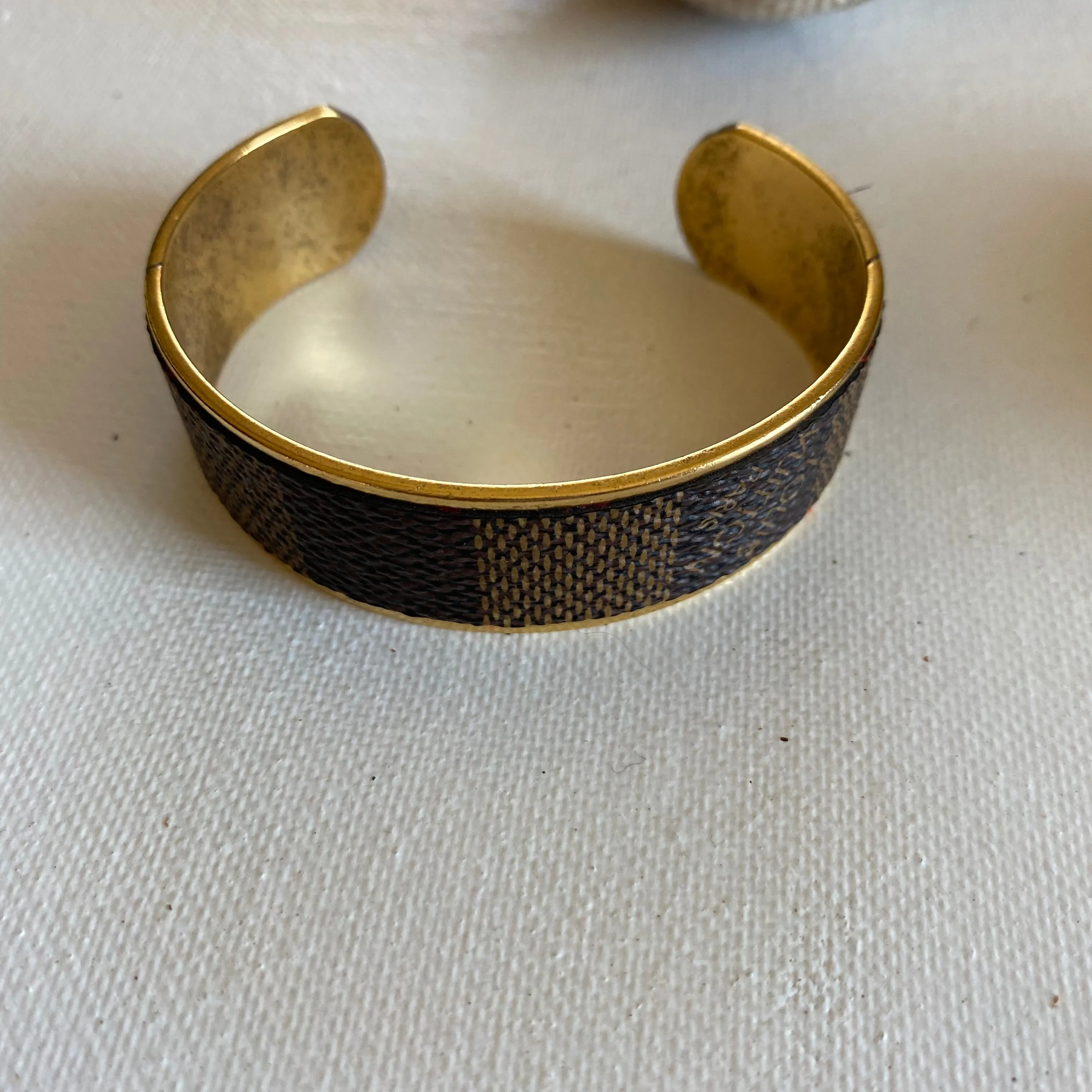 Gold-toned Adjustable Bracelet Cuff in Damier Print