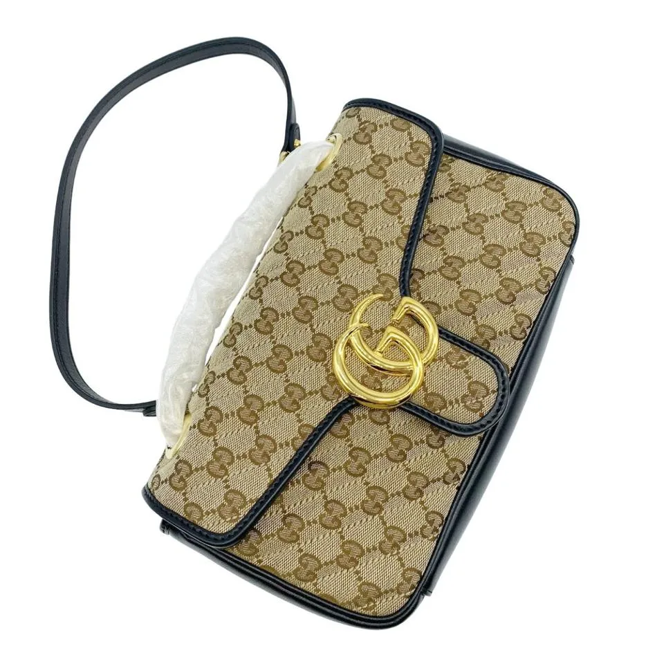 Gucci Marmont Small Beige Gg Canvas Shoulder Bag