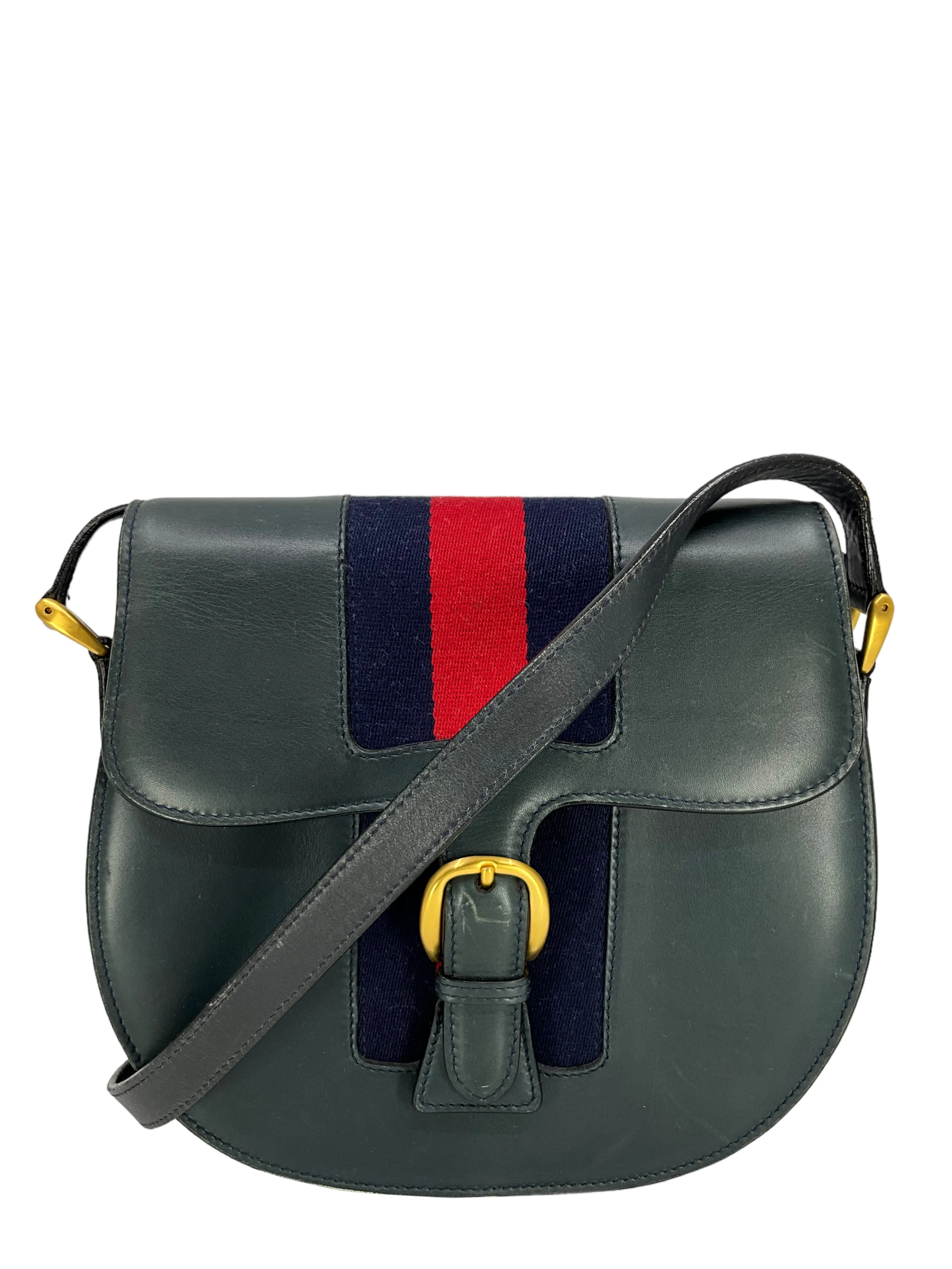 GUCCI Vintage Leather Web Saddle Flap Bag