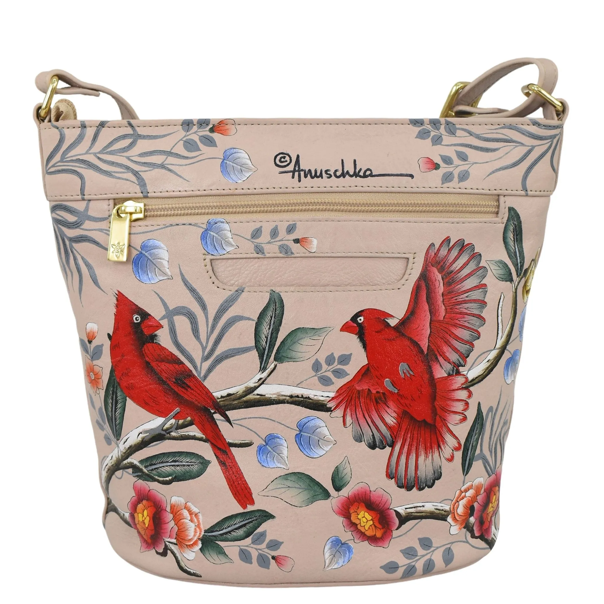 Hand-Painted Cardinals Leather Bucket Bag