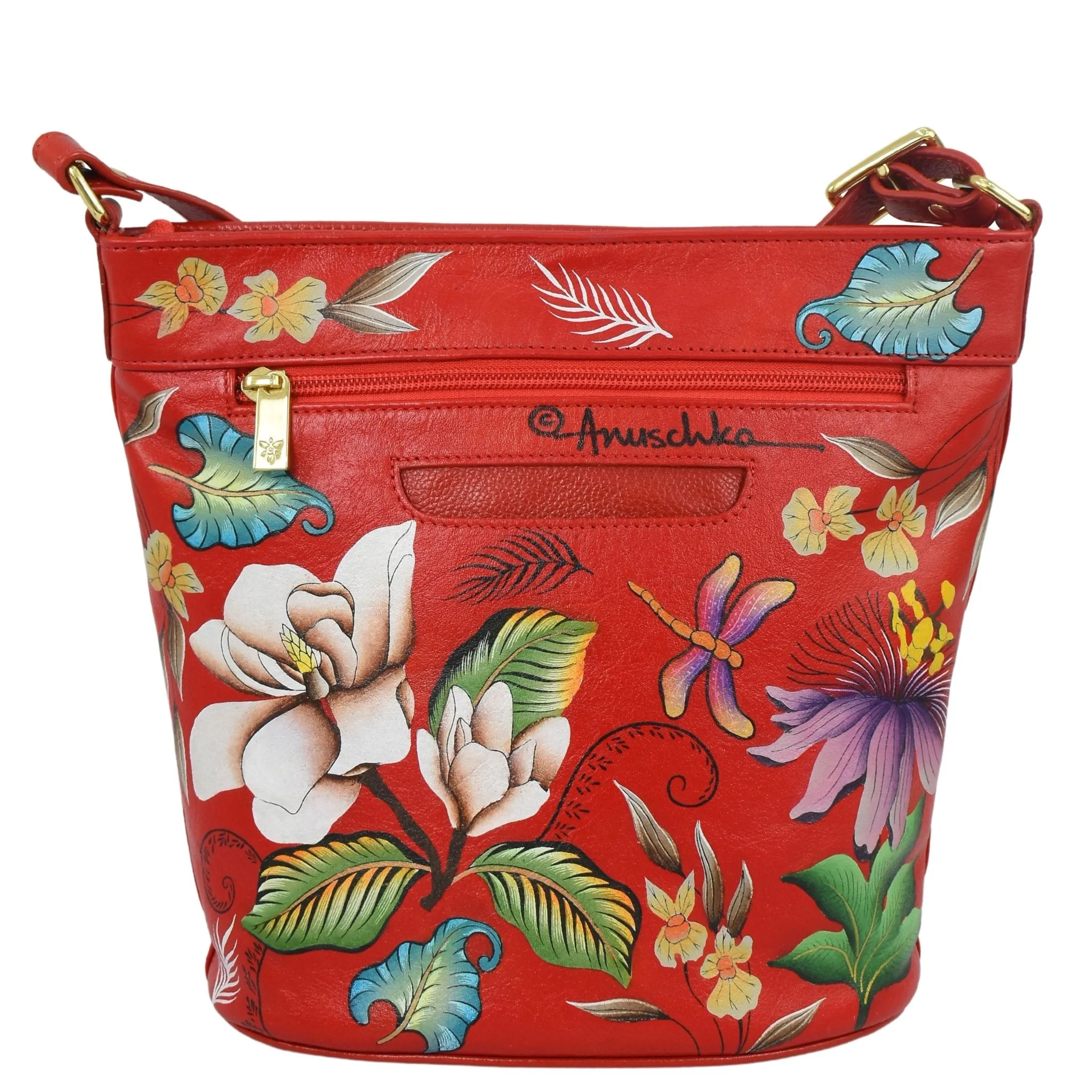 Hand-Painted Cardinals Leather Bucket Bag