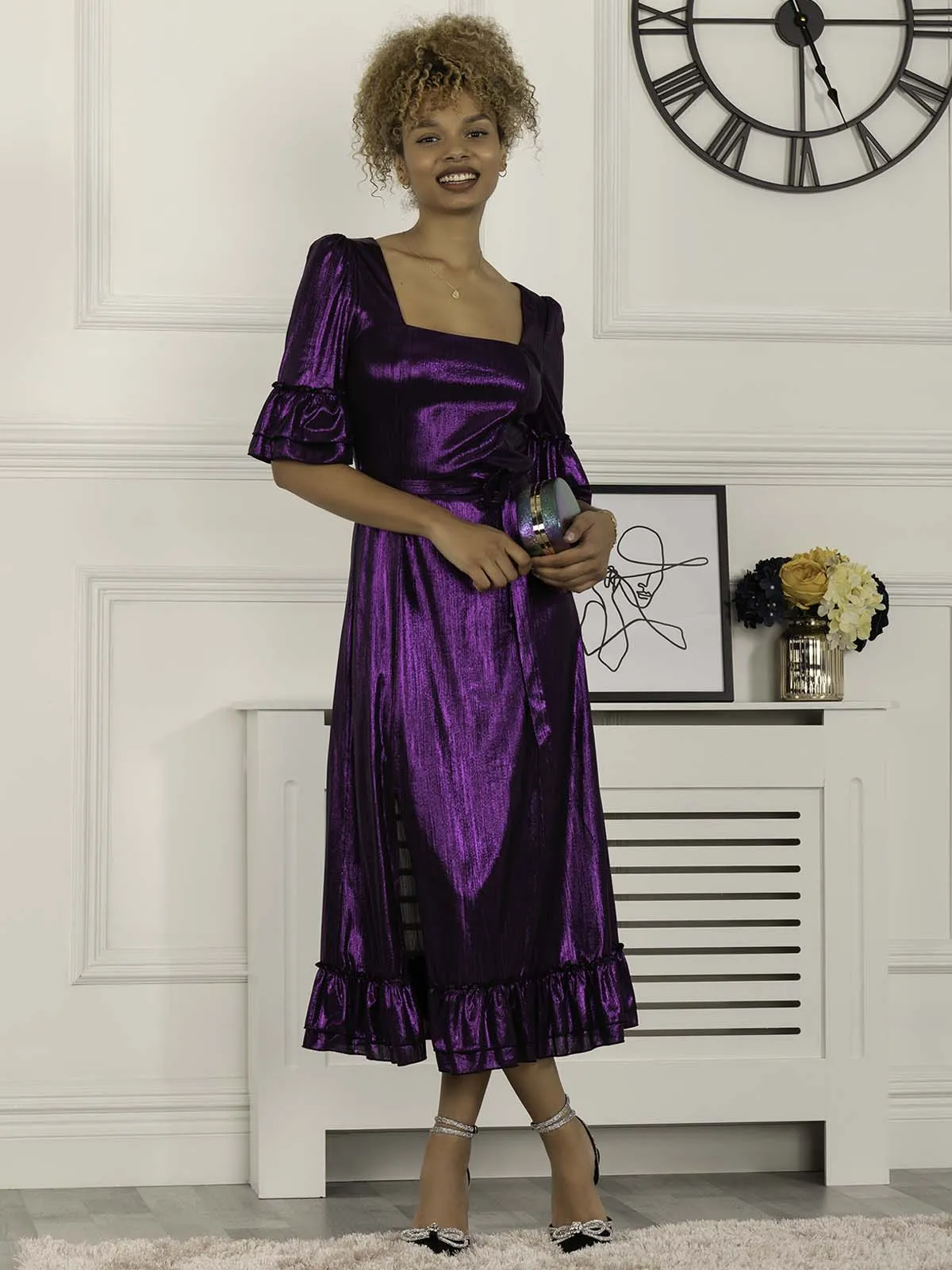 Jolie Moi Janice Square Neck Frill Midi Dress, Dark Purple