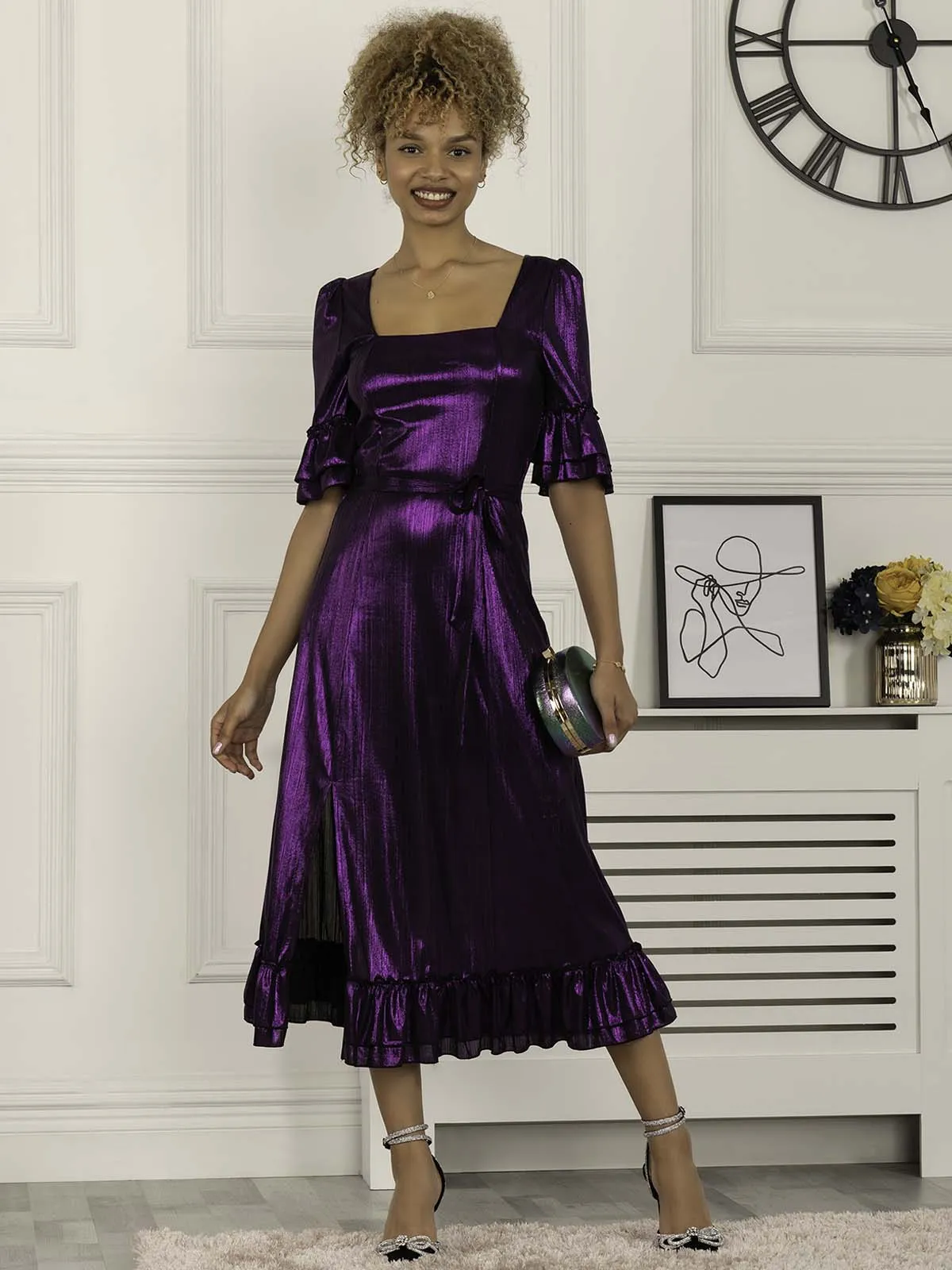 Jolie Moi Janice Square Neck Frill Midi Dress, Dark Purple