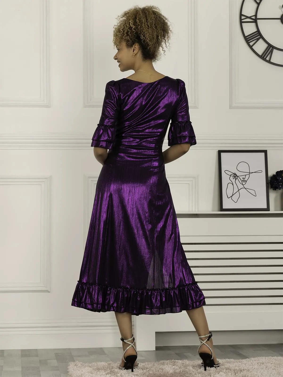 Jolie Moi Janice Square Neck Frill Midi Dress, Dark Purple