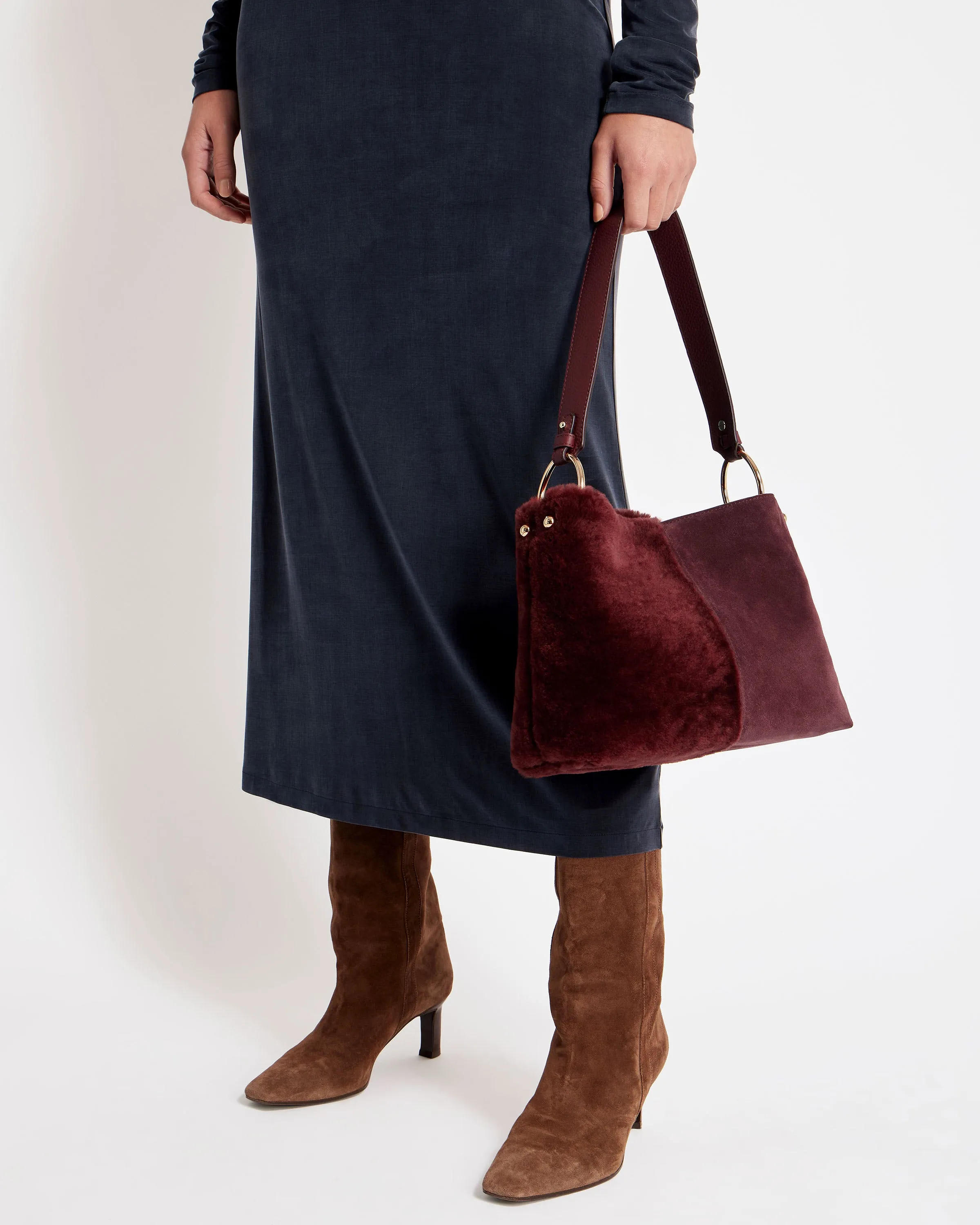 Lana Hobo Bag - Luxurious Oxblood Shearling Leather Handbag