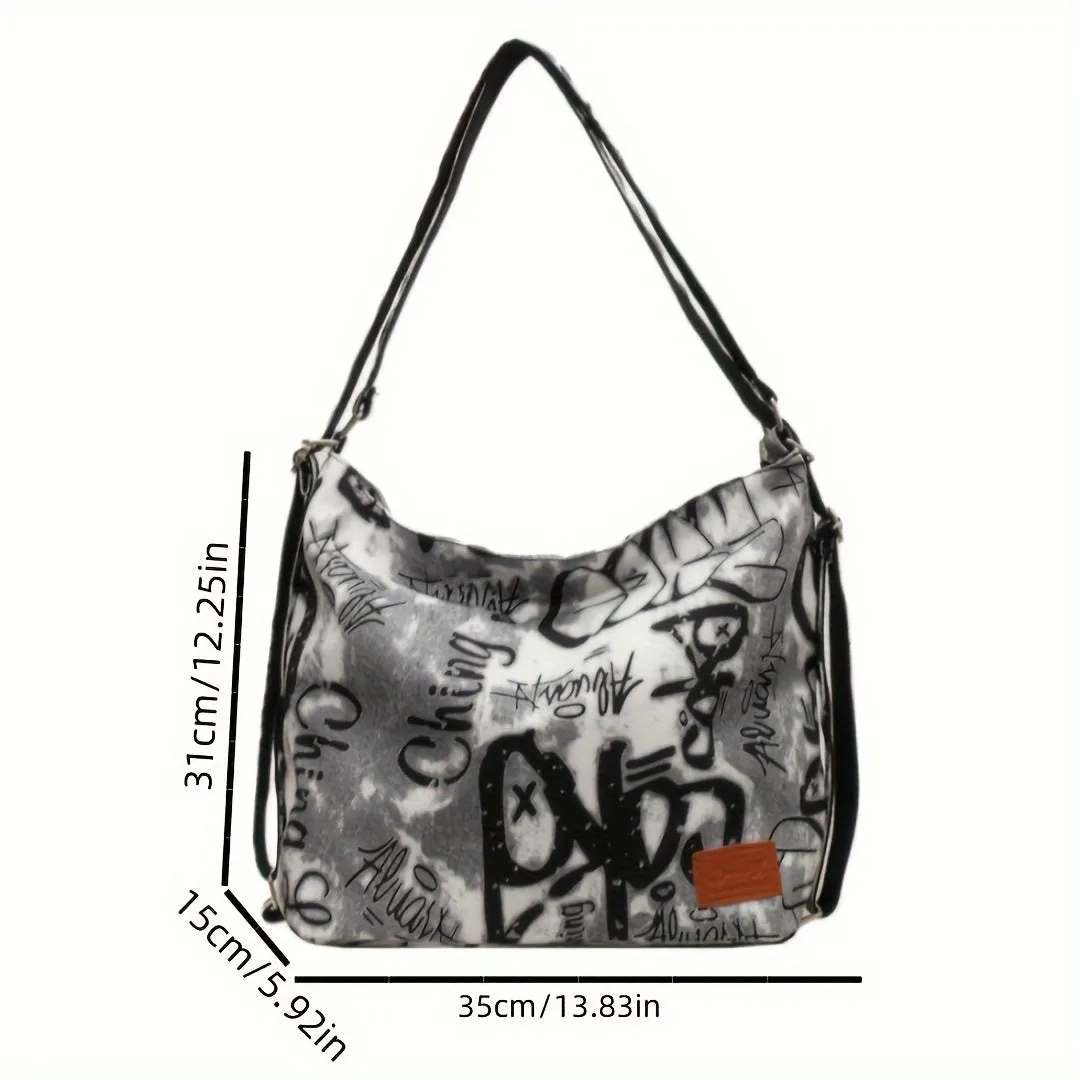 Large Capacity Canvas Graffiti Pattern Shoulder Bag - Zipper Closure, Edge Painted, Portable Underarm Messenger Bag for Daily Commute and Travel - Perfect All-Match Accessory for Women and Men