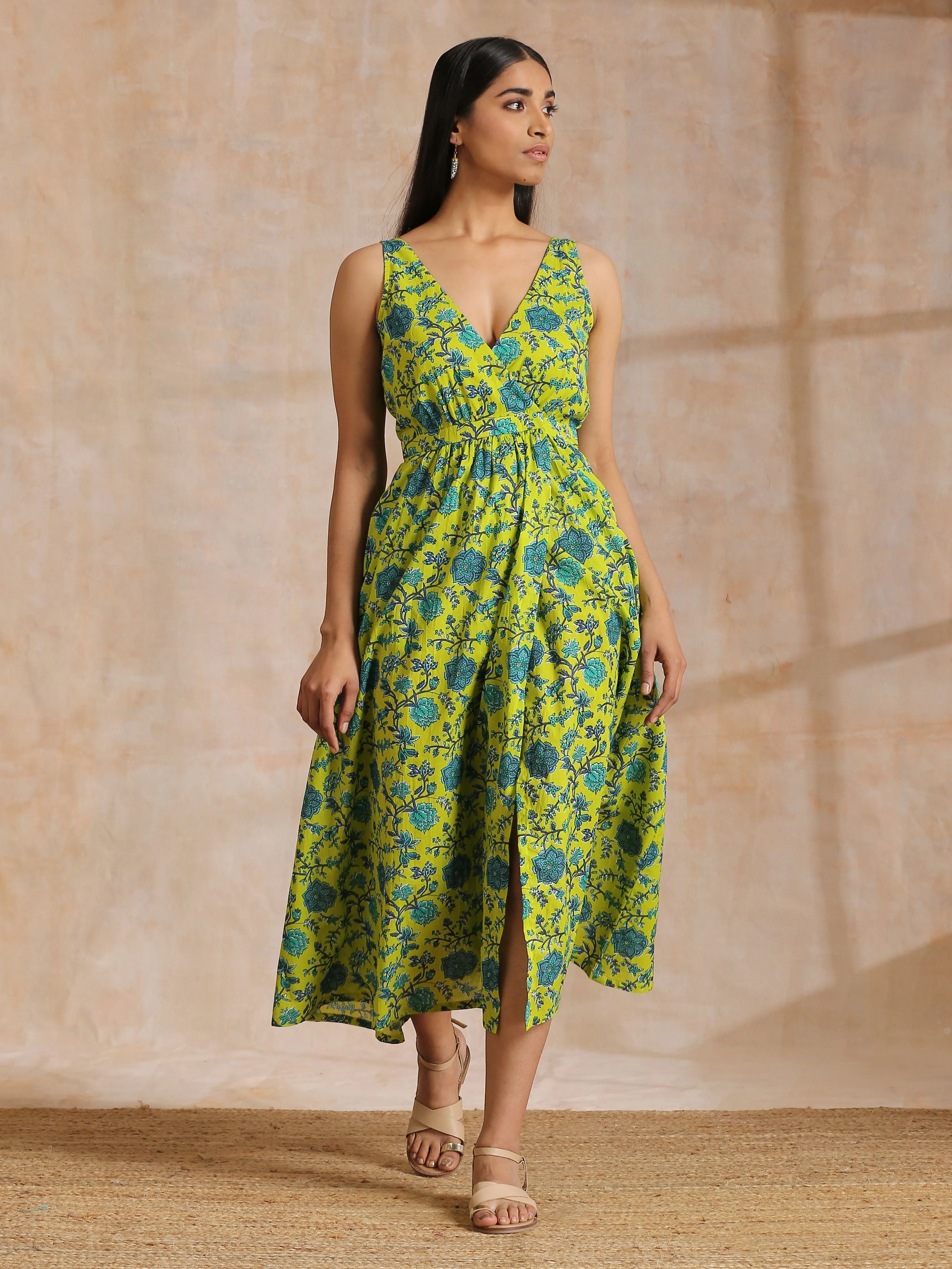 Lime Green Overall Teal Floral Block Print Cotton Sleeveless Wrap Dress