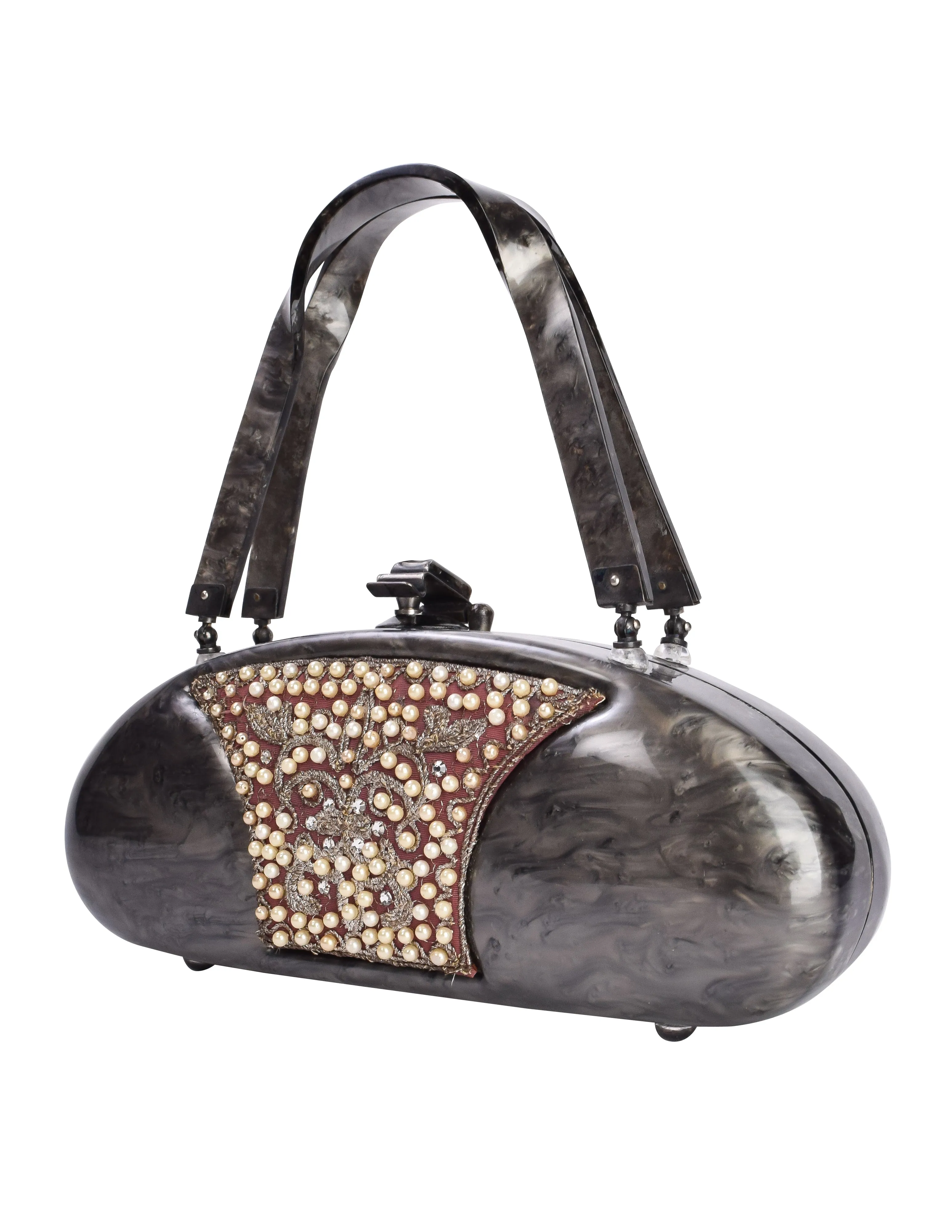 Llewellyn Vintage c. 1954 Embellished Marbled Grey Pearl Lucite Torpedo Handbag