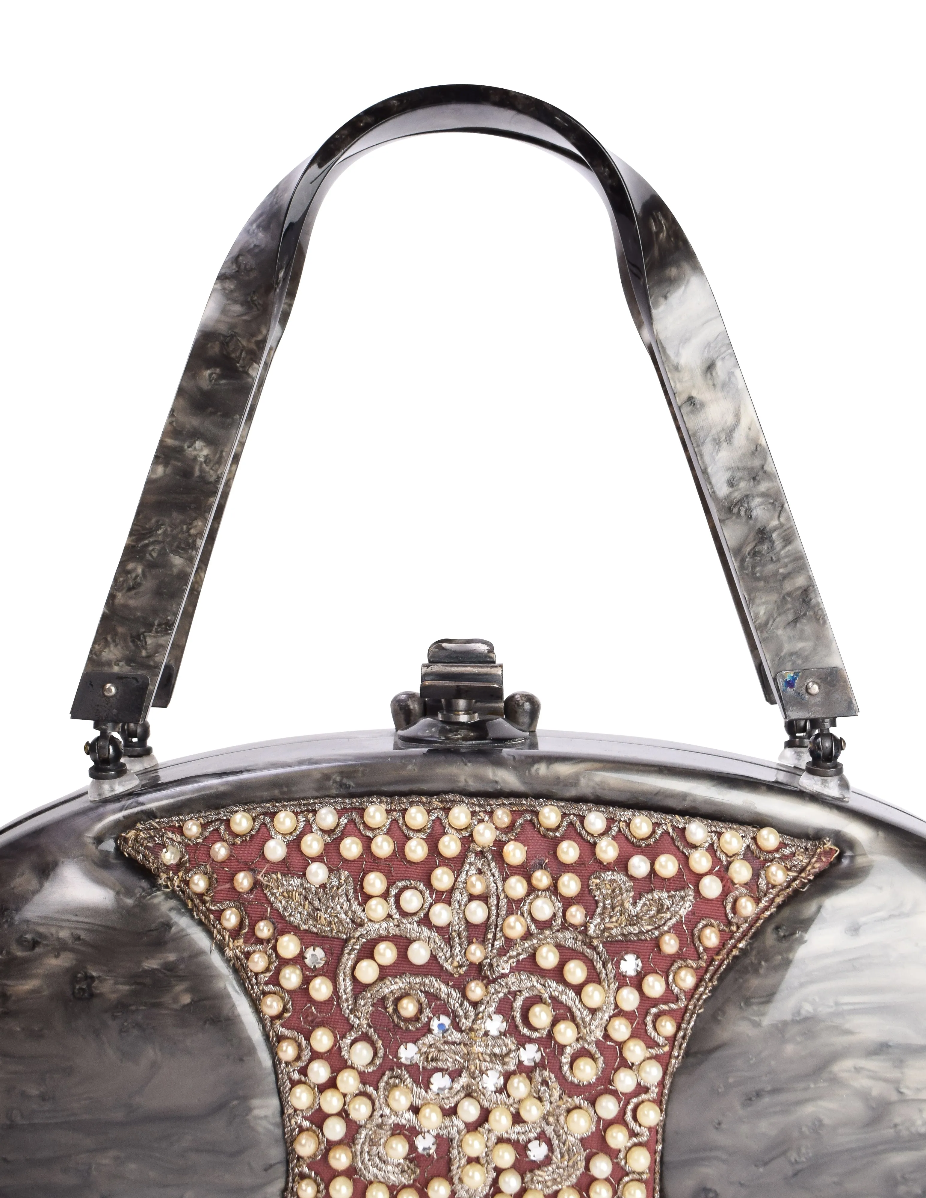 Llewellyn Vintage c. 1954 Embellished Marbled Grey Pearl Lucite Torpedo Handbag