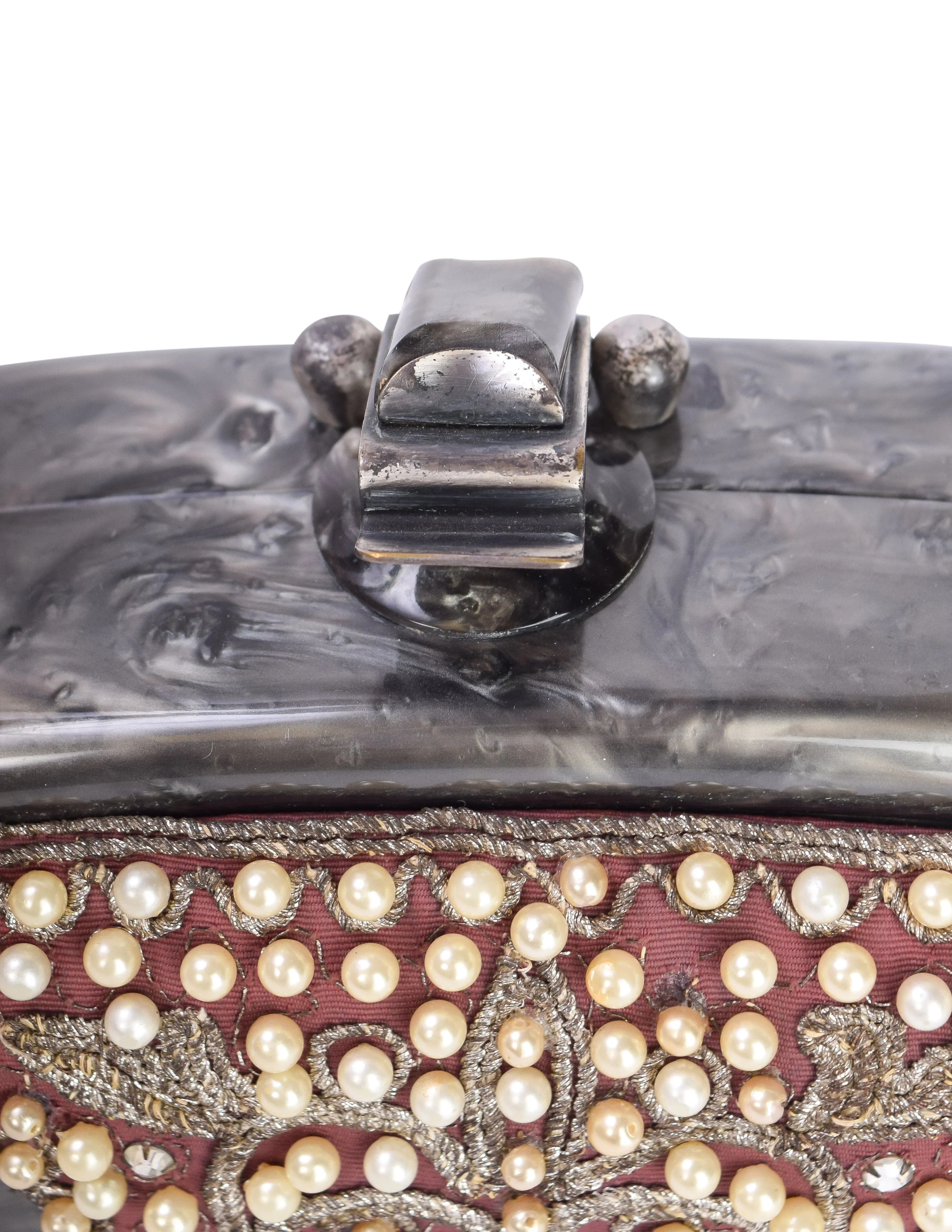 Llewellyn Vintage c. 1954 Embellished Marbled Grey Pearl Lucite Torpedo Handbag