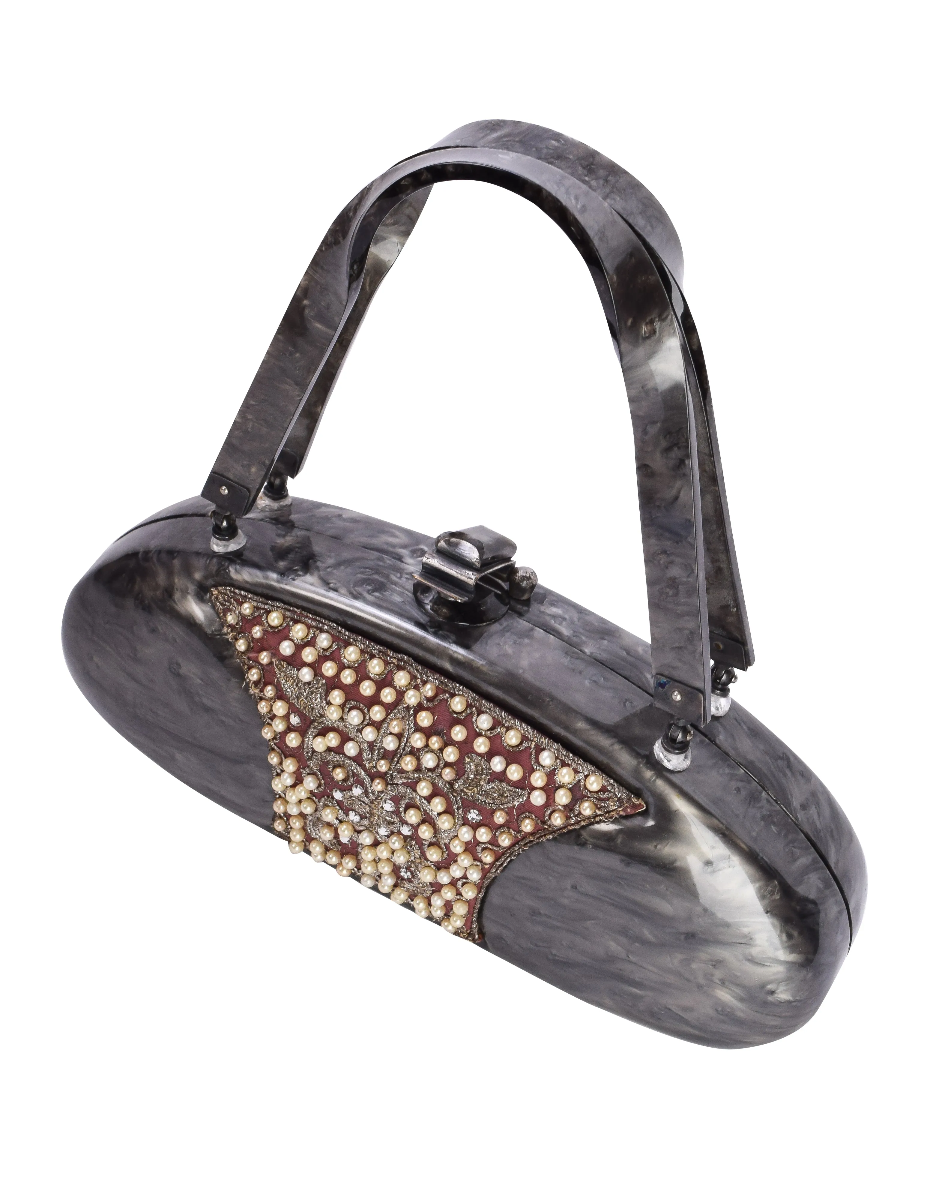 Llewellyn Vintage c. 1954 Embellished Marbled Grey Pearl Lucite Torpedo Handbag