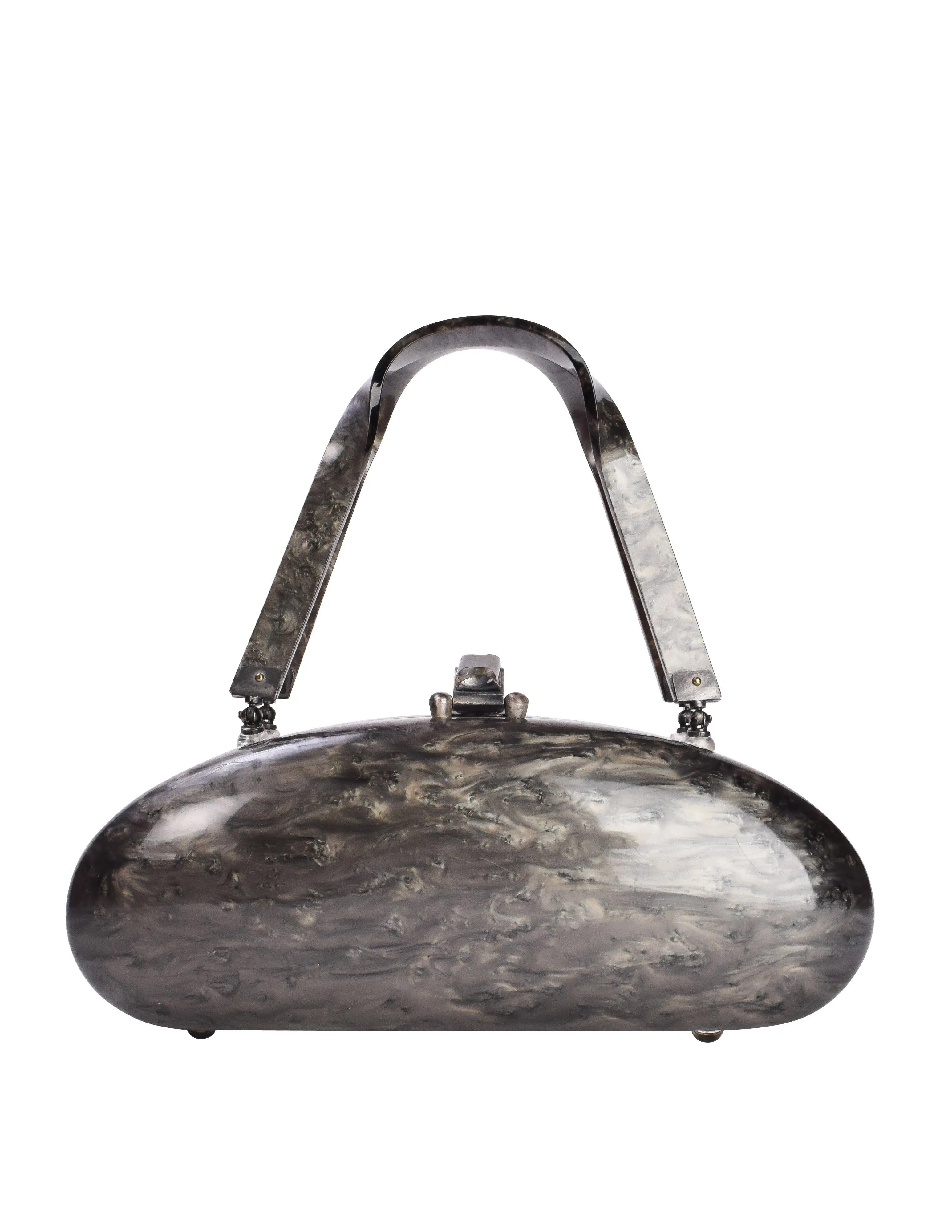 Llewellyn Vintage c. 1954 Embellished Marbled Grey Pearl Lucite Torpedo Handbag