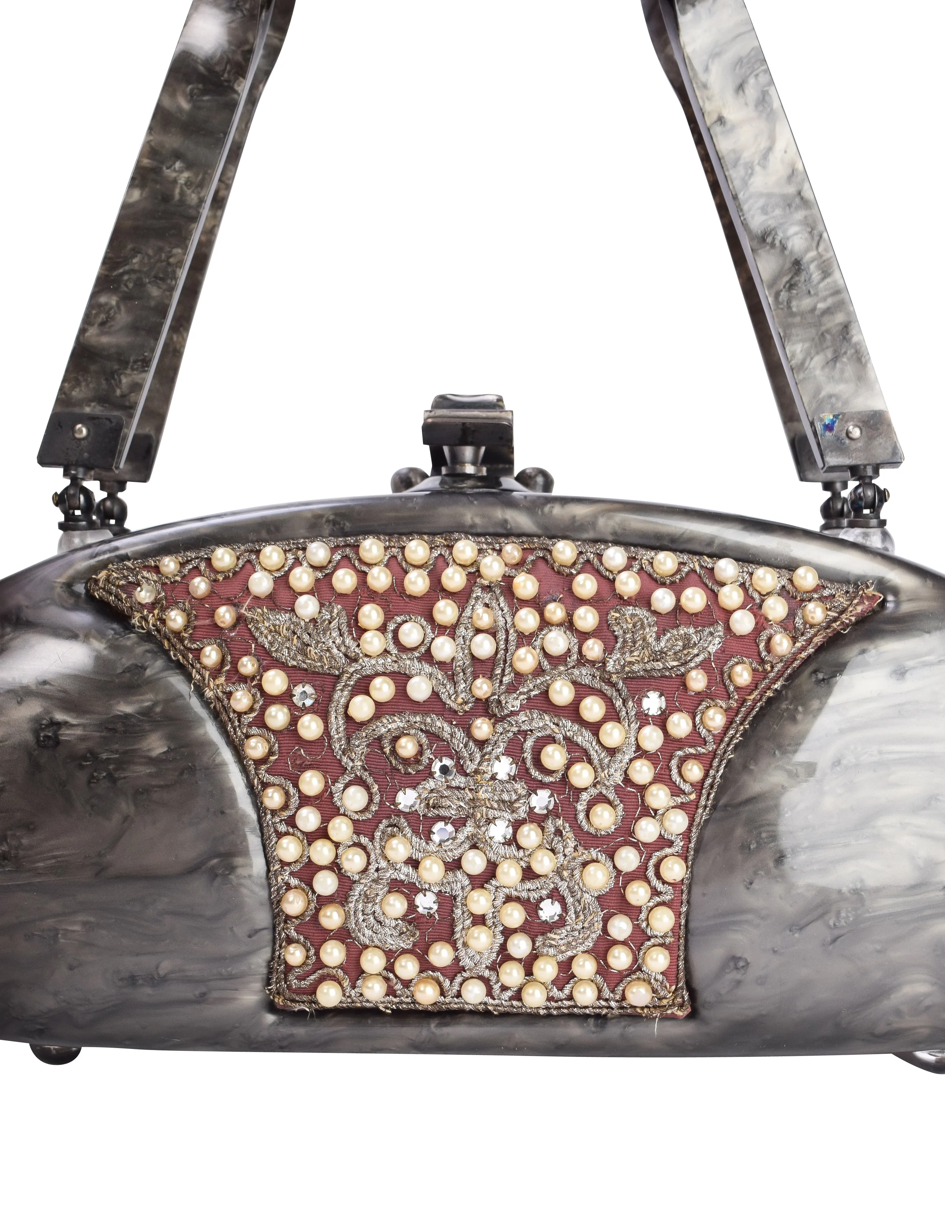 Llewellyn Vintage c. 1954 Embellished Marbled Grey Pearl Lucite Torpedo Handbag