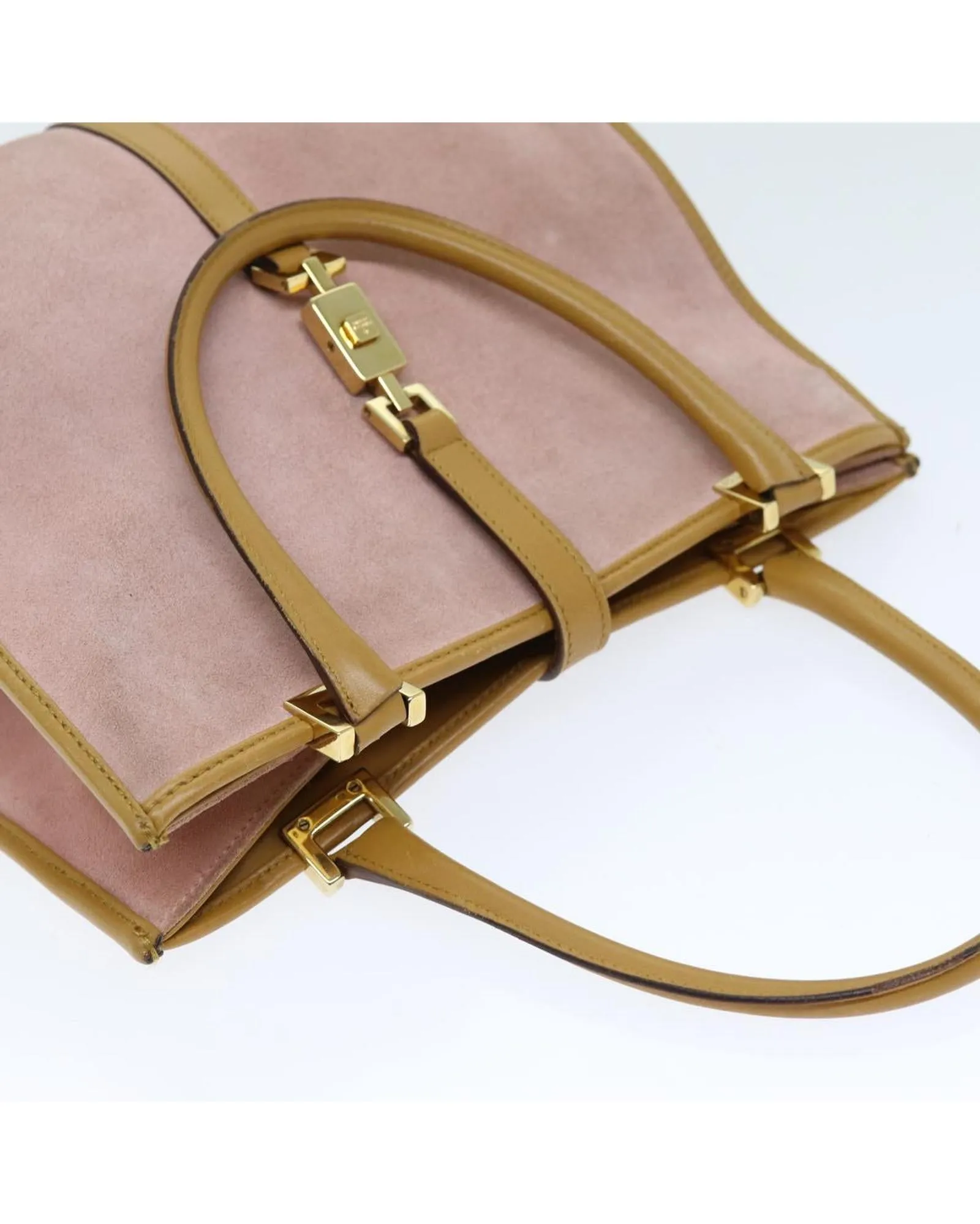 Pink Suede Hand Bag with Metal Fittings and Multiple Pockets