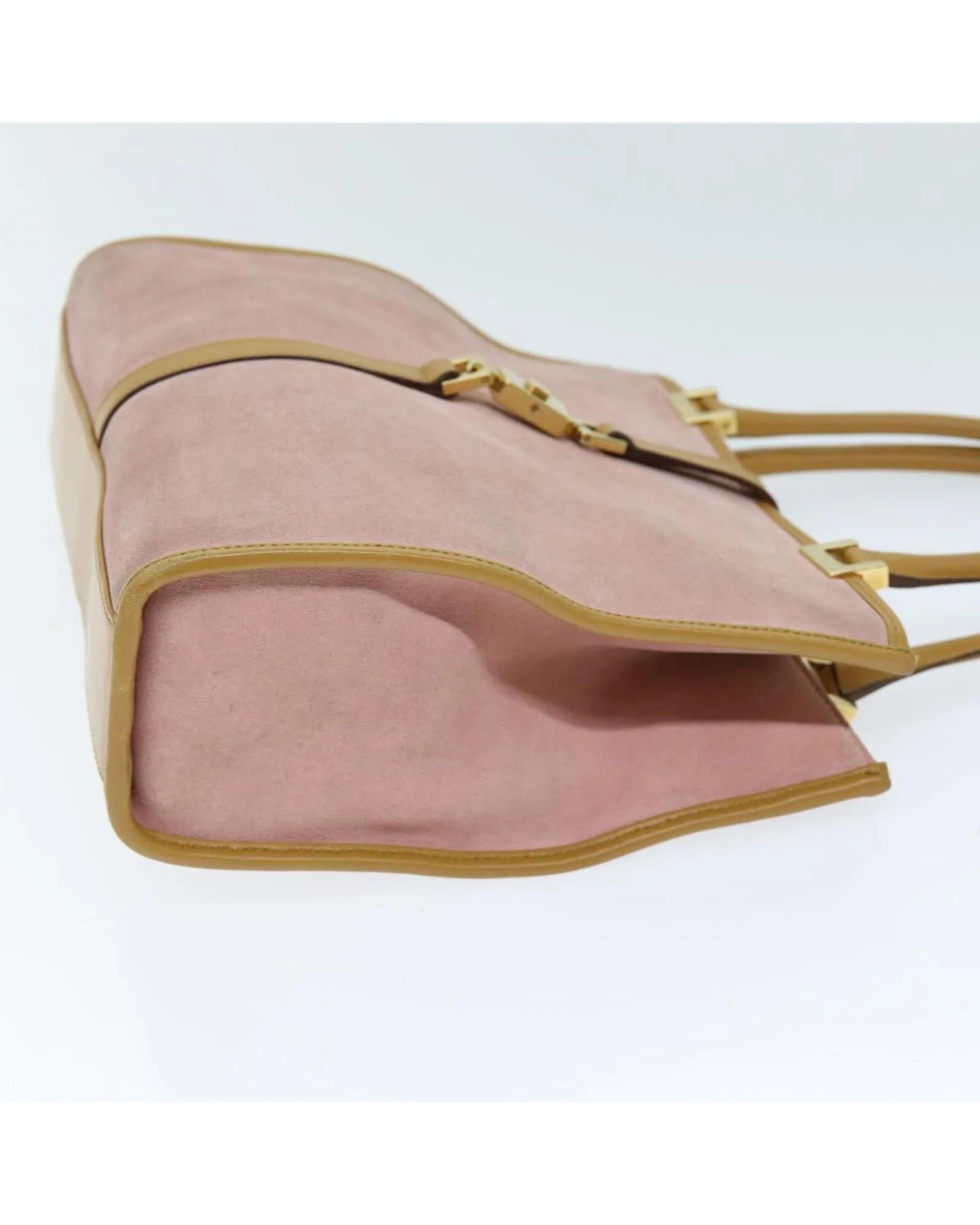 Pink Suede Hand Bag with Metal Fittings and Multiple Pockets